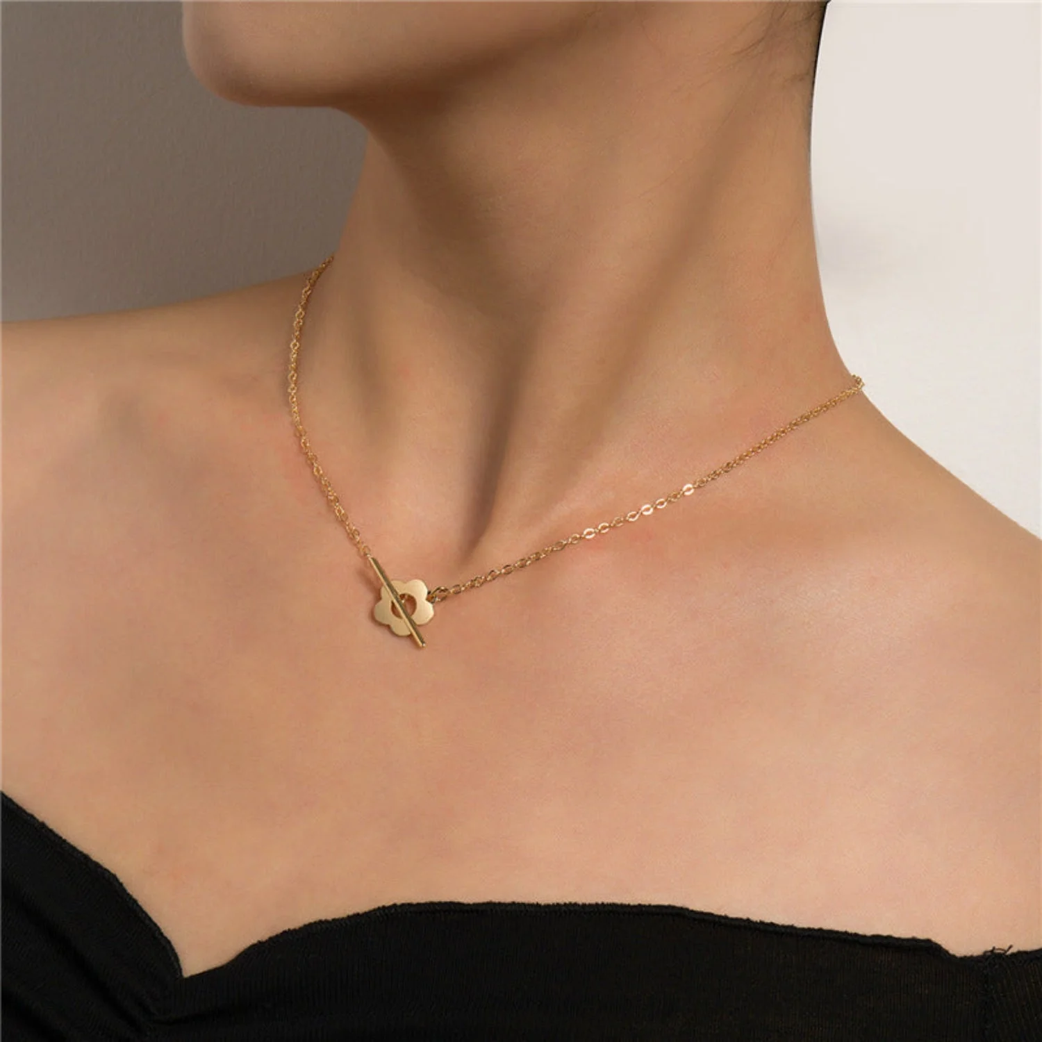 Gold Flower Toggle Clasp Necklace - Image 2