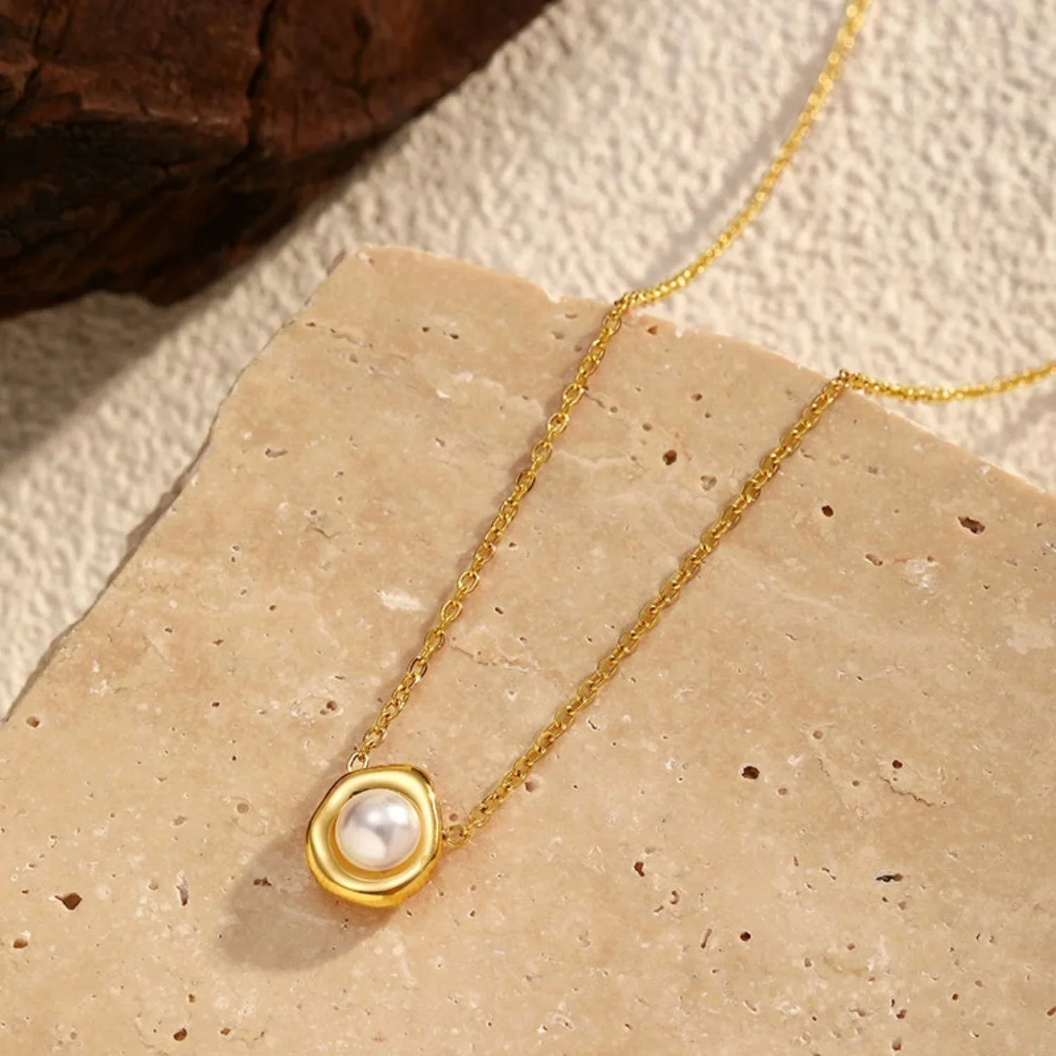 Gold Framed Pearl Solitaire 18K Gold Plated Necklace - Image 3