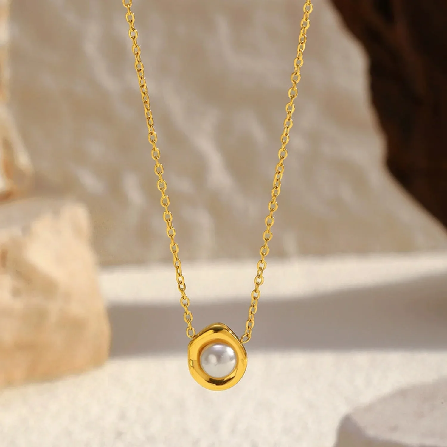 Gold Framed Pearl Solitaire 18K Gold Plated Necklace - Image 4