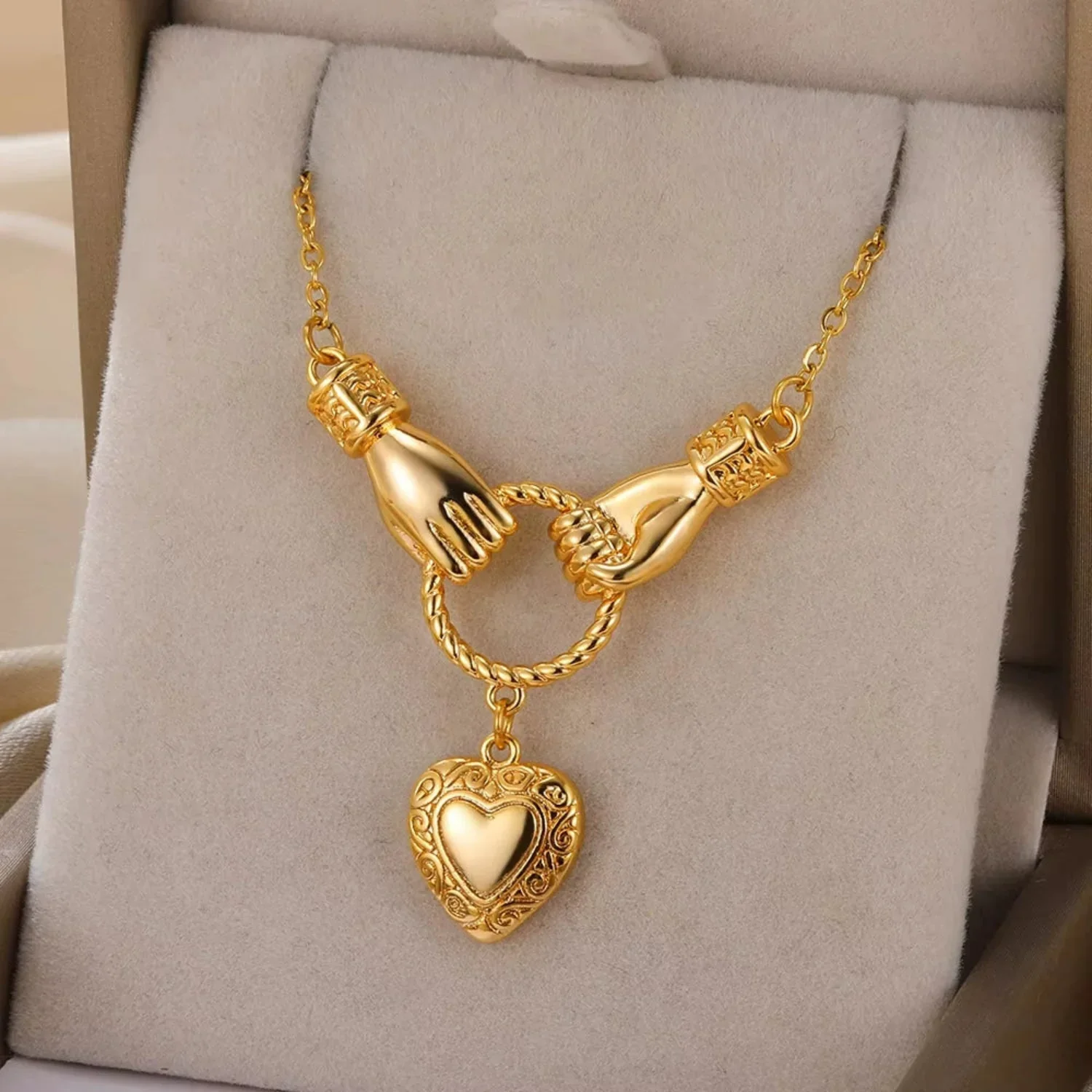 Gold Heart Hands Necklace - Image 2