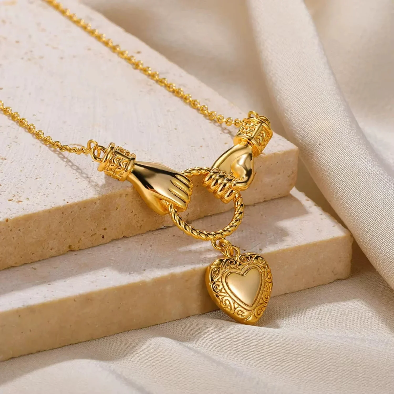 Gold Heart Hands Necklace - Image 3