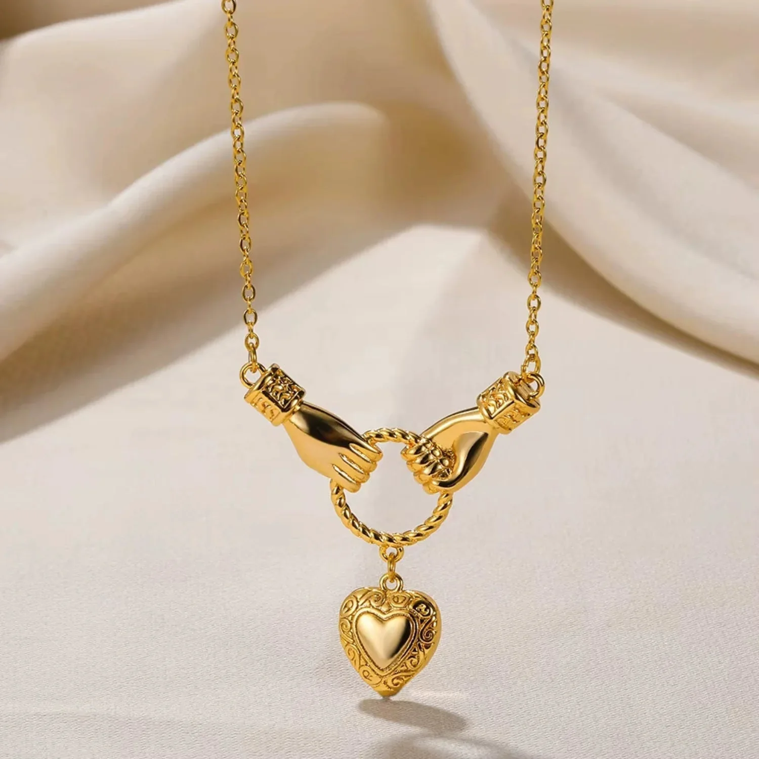 Gold Heart Hands Necklace - Image 4