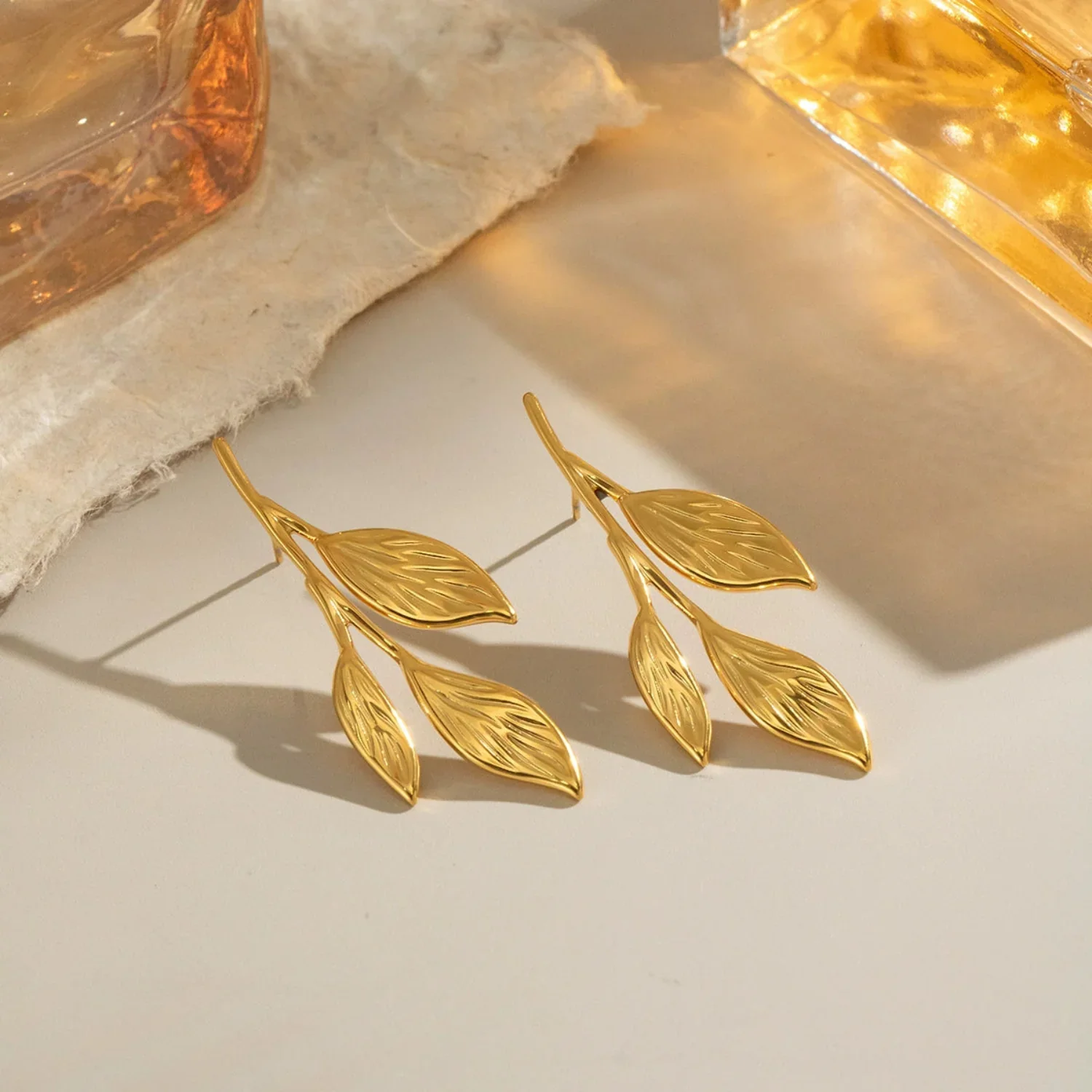 Gold Laurel Branch Stud Earrings - Image 2