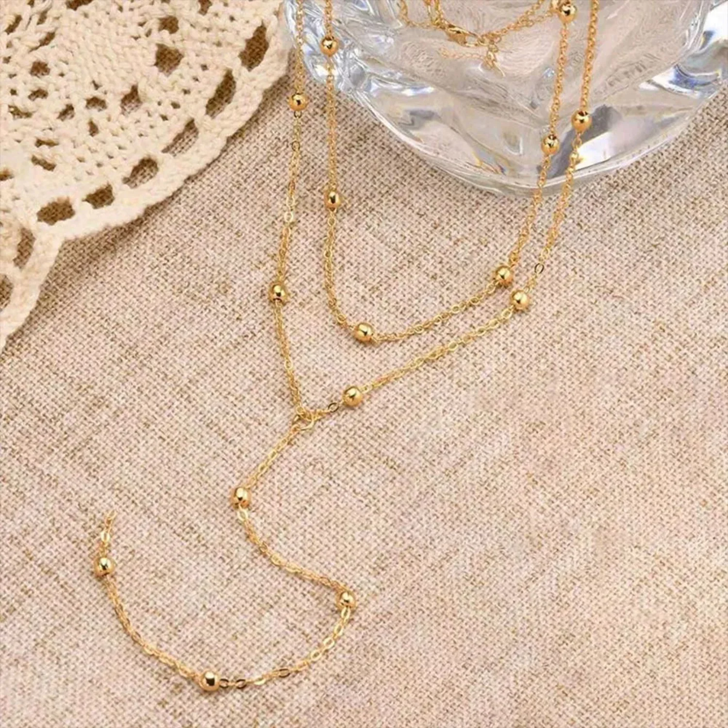 Gold Multi-Layered Beaded Lariat Necklace - Image 4