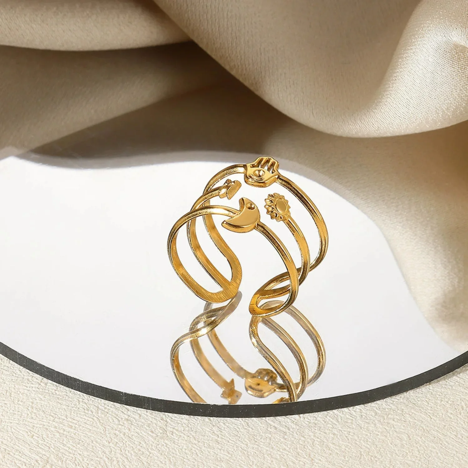 Gold Multi-Symbol Triple Band Ring - Image 2