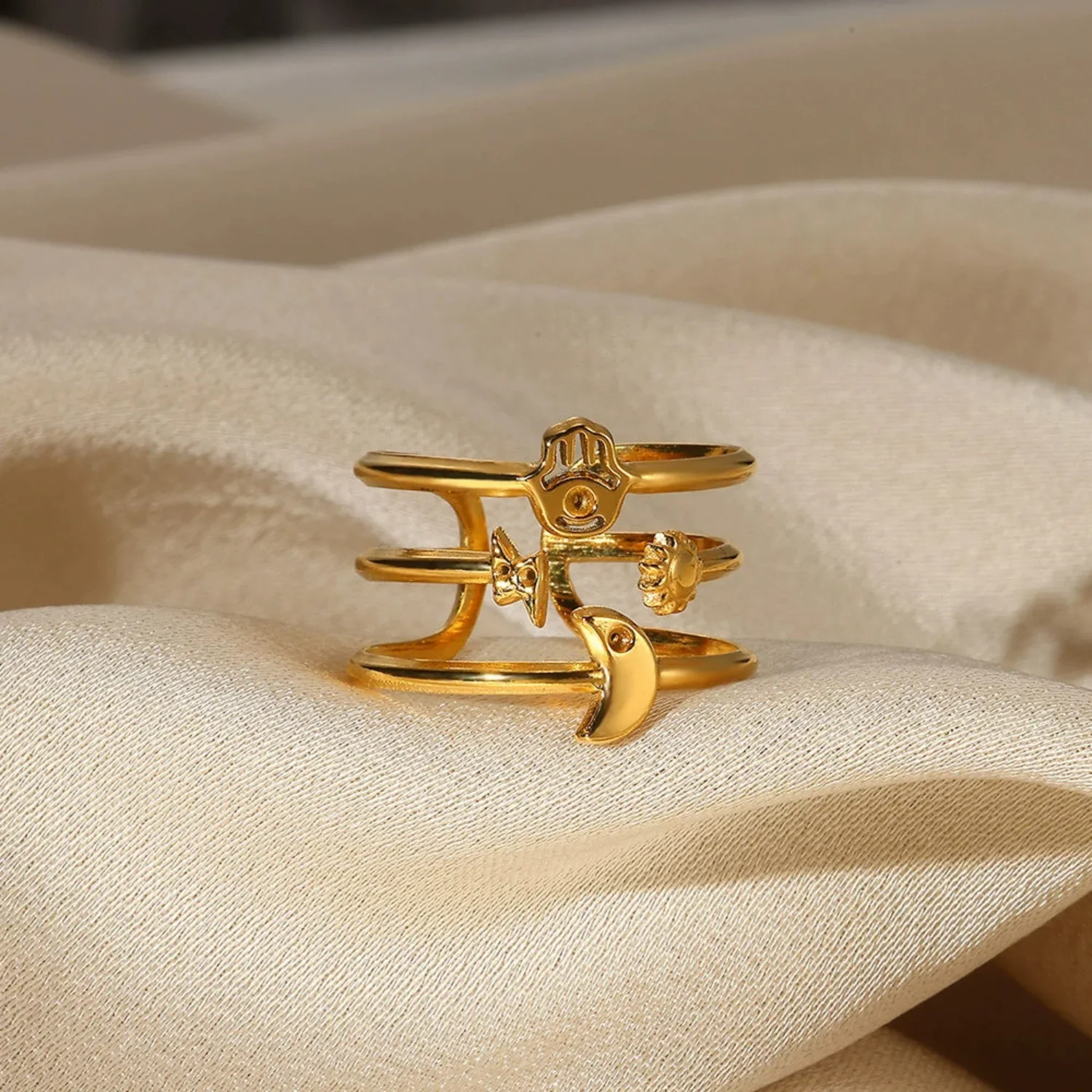 Gold Multi-Symbol Triple Band Ring - Image 3