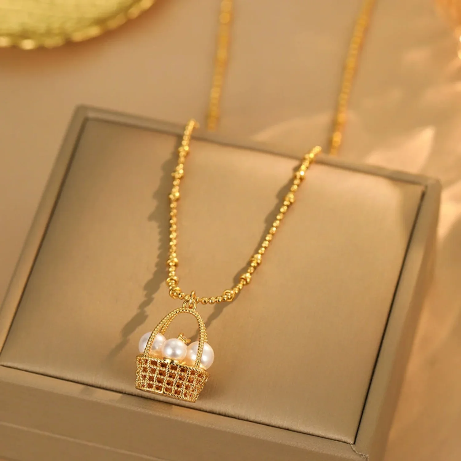 Gold Pearl Basket Necklace - Image 2