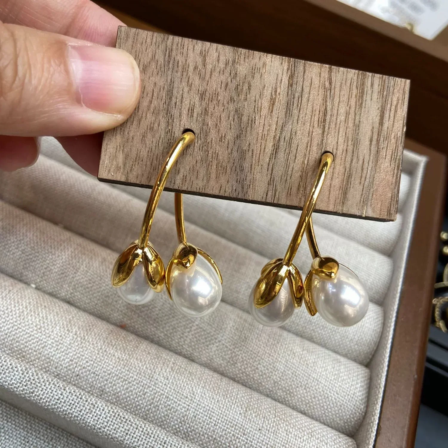 Gold Pearl Bud Drop Earrings