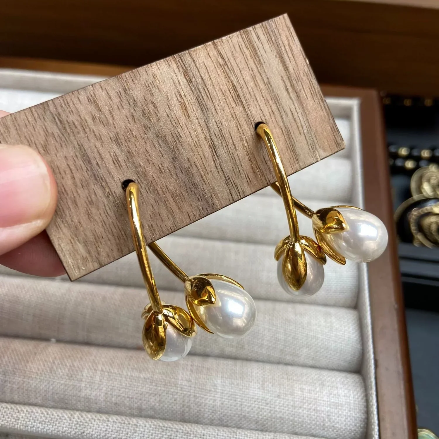 Gold Pearl Bud Drop Earrings - Image 3