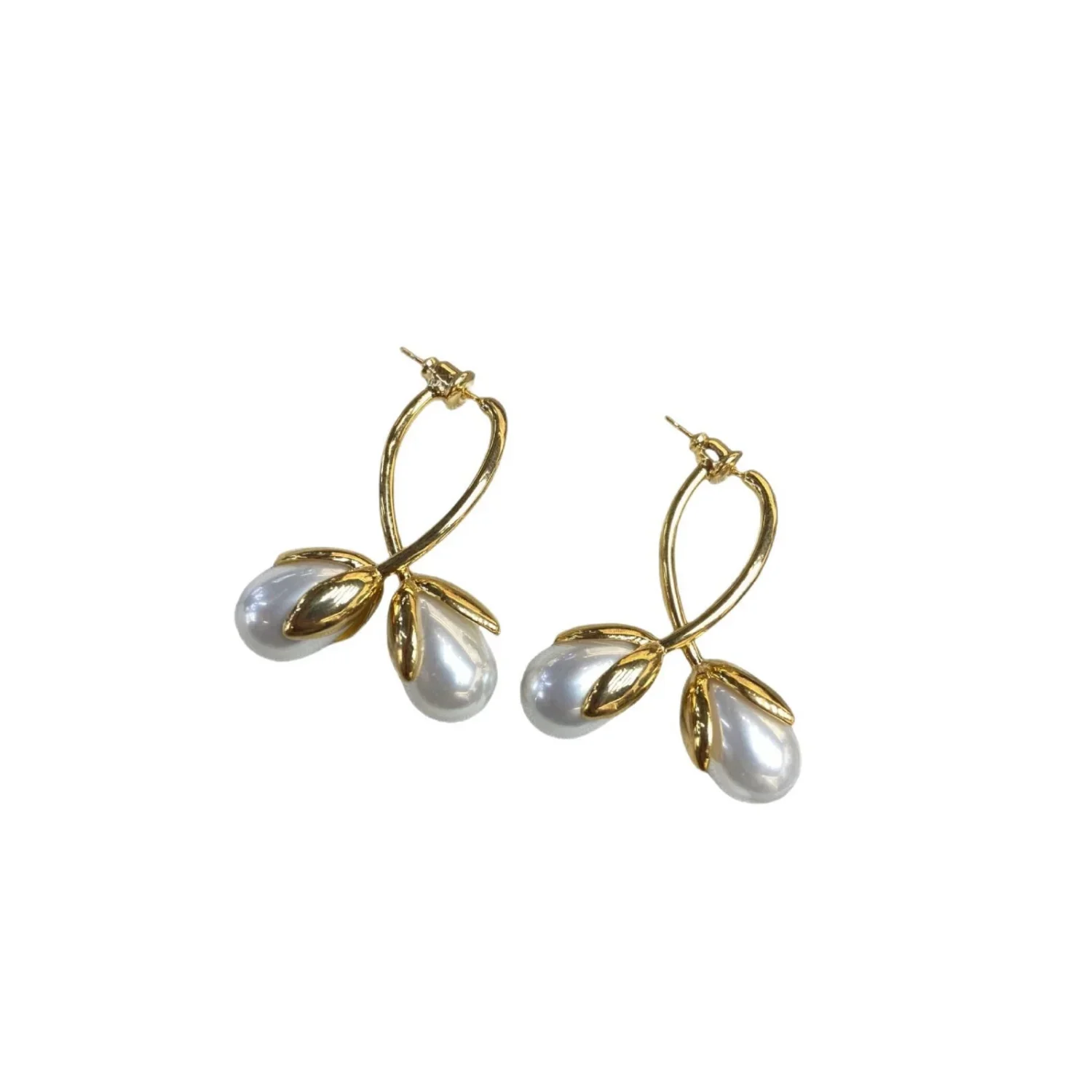 Gold Pearl Bud Drop Earrings - Image 4