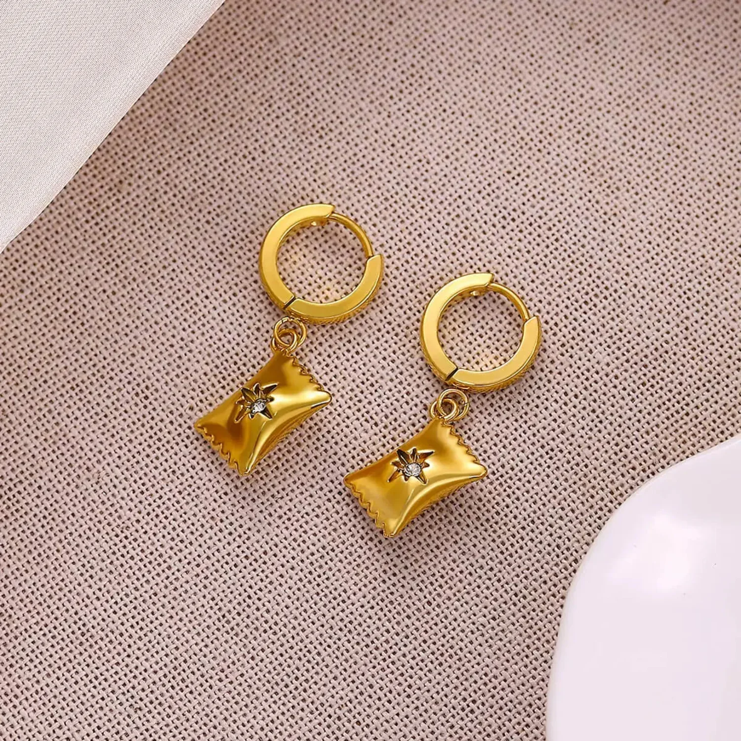 Gold Pillow Huggie Hoop Earrings - Image 3