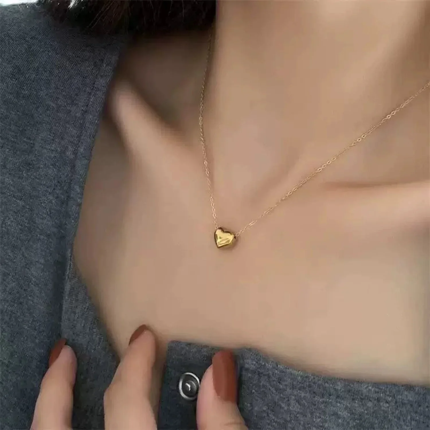 Gold Puffed Heart Necklace - Image 3