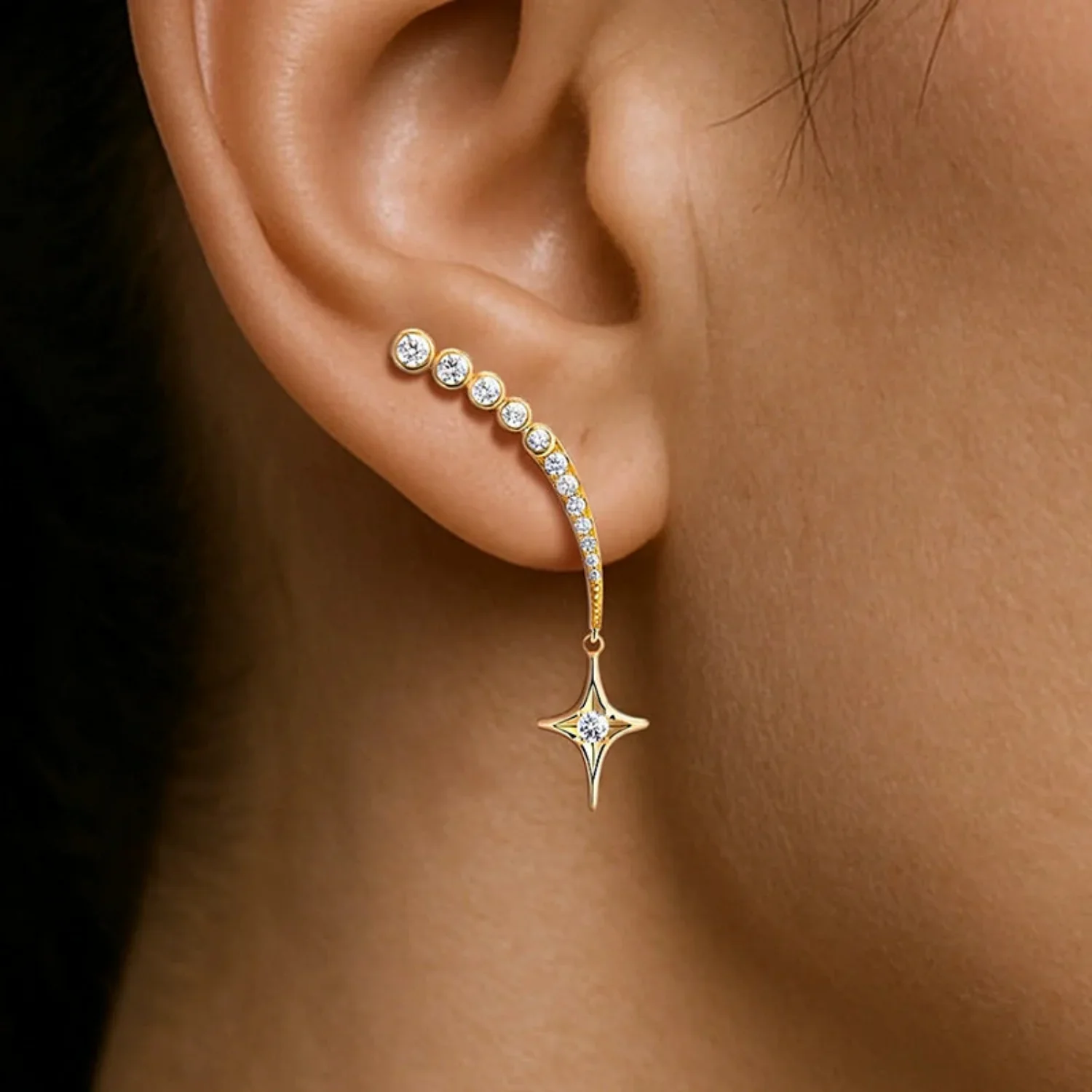 Gold Star Curvy Stud Crawler Earrings - Image 2