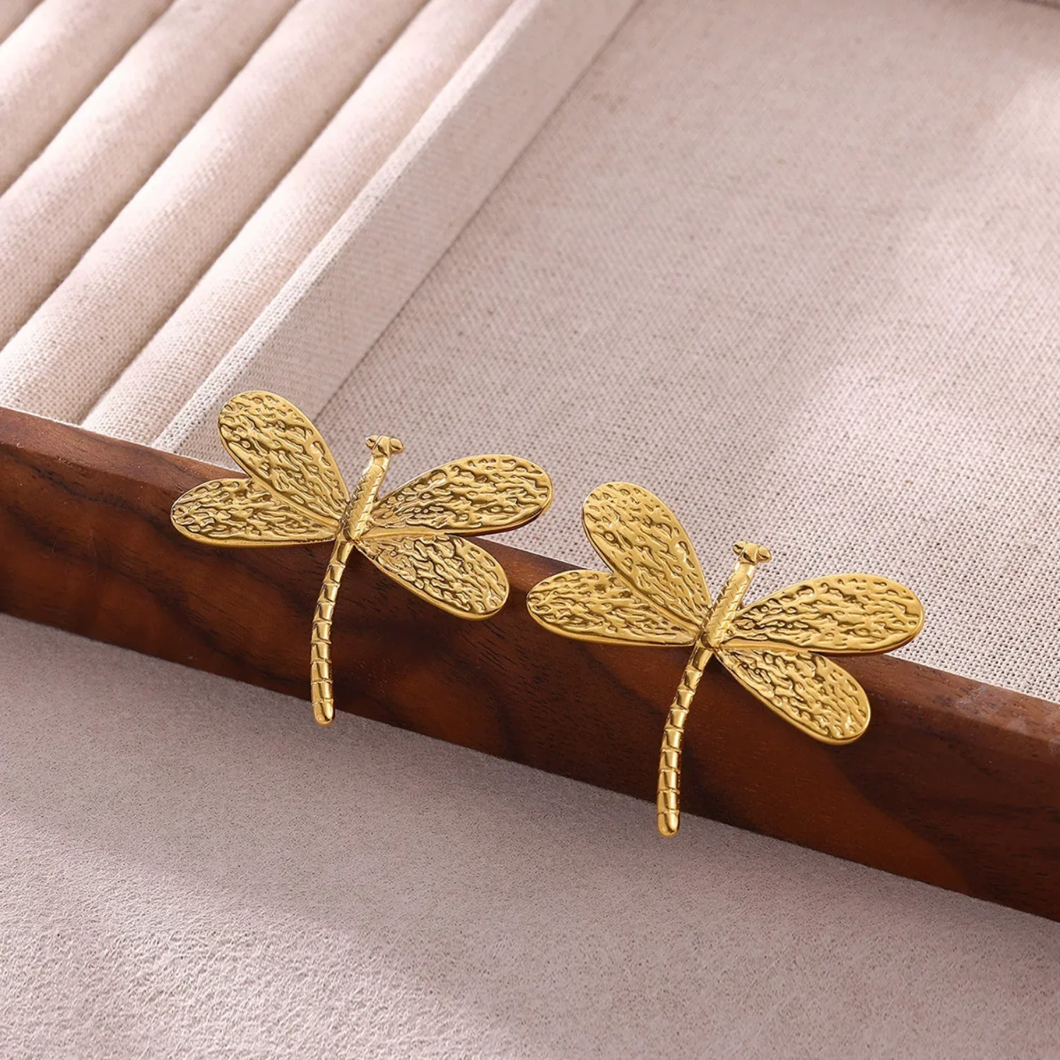 Gold Textured Dragonfly Stud Earrings