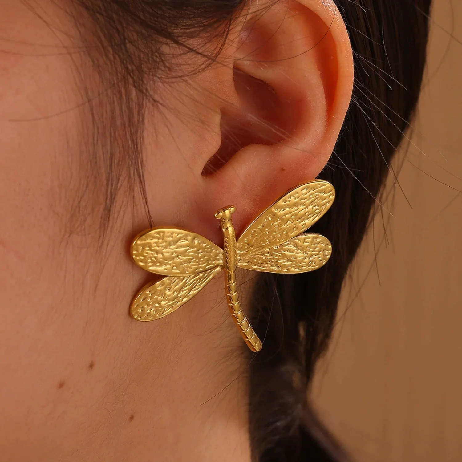 Gold Textured Dragonfly Stud Earrings - Image 2