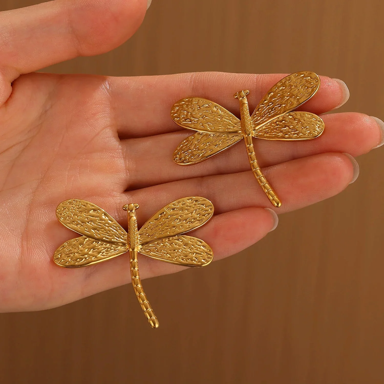 Gold Textured Dragonfly Stud Earrings - Image 3