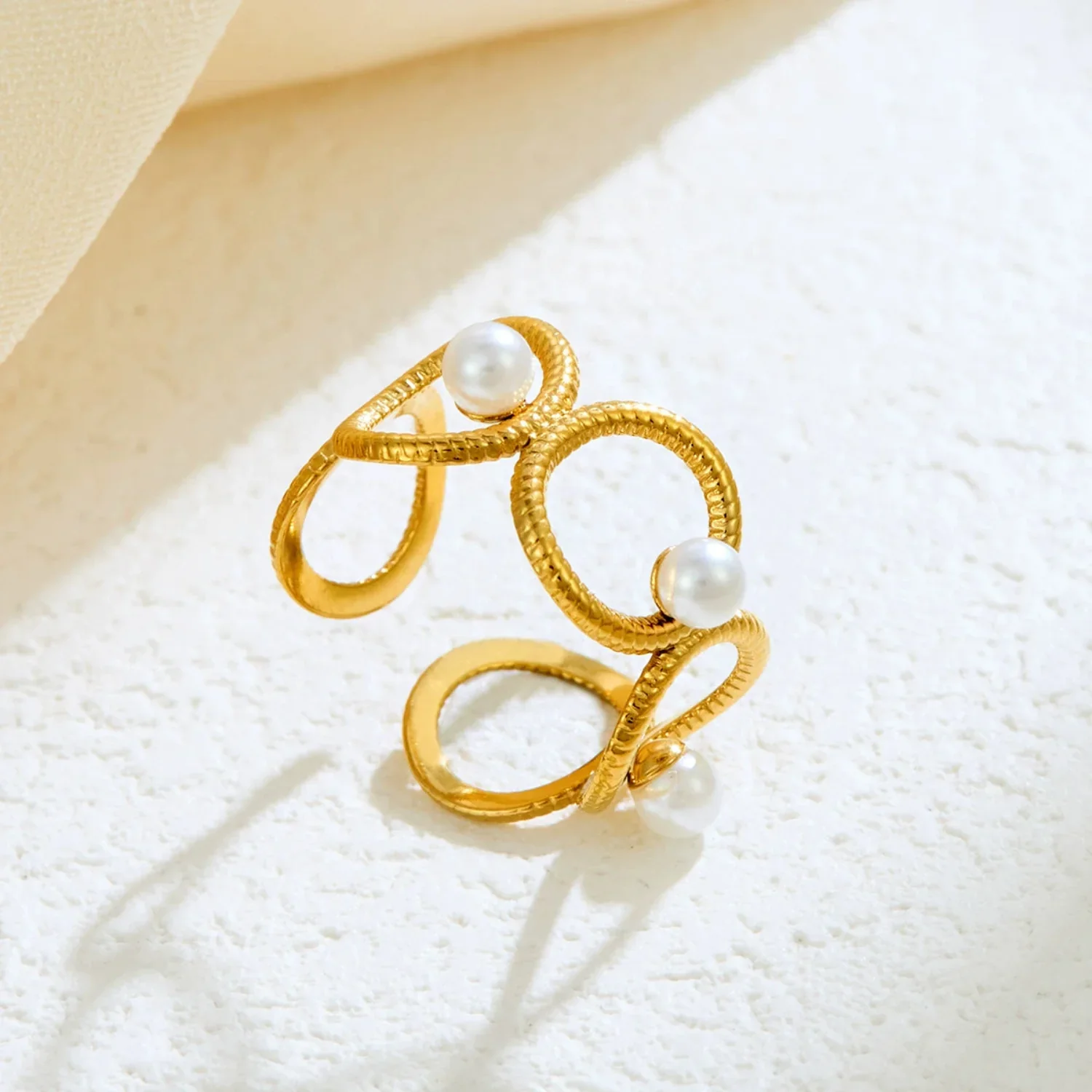 Gold Textured Pearl Open Ring - Image 2