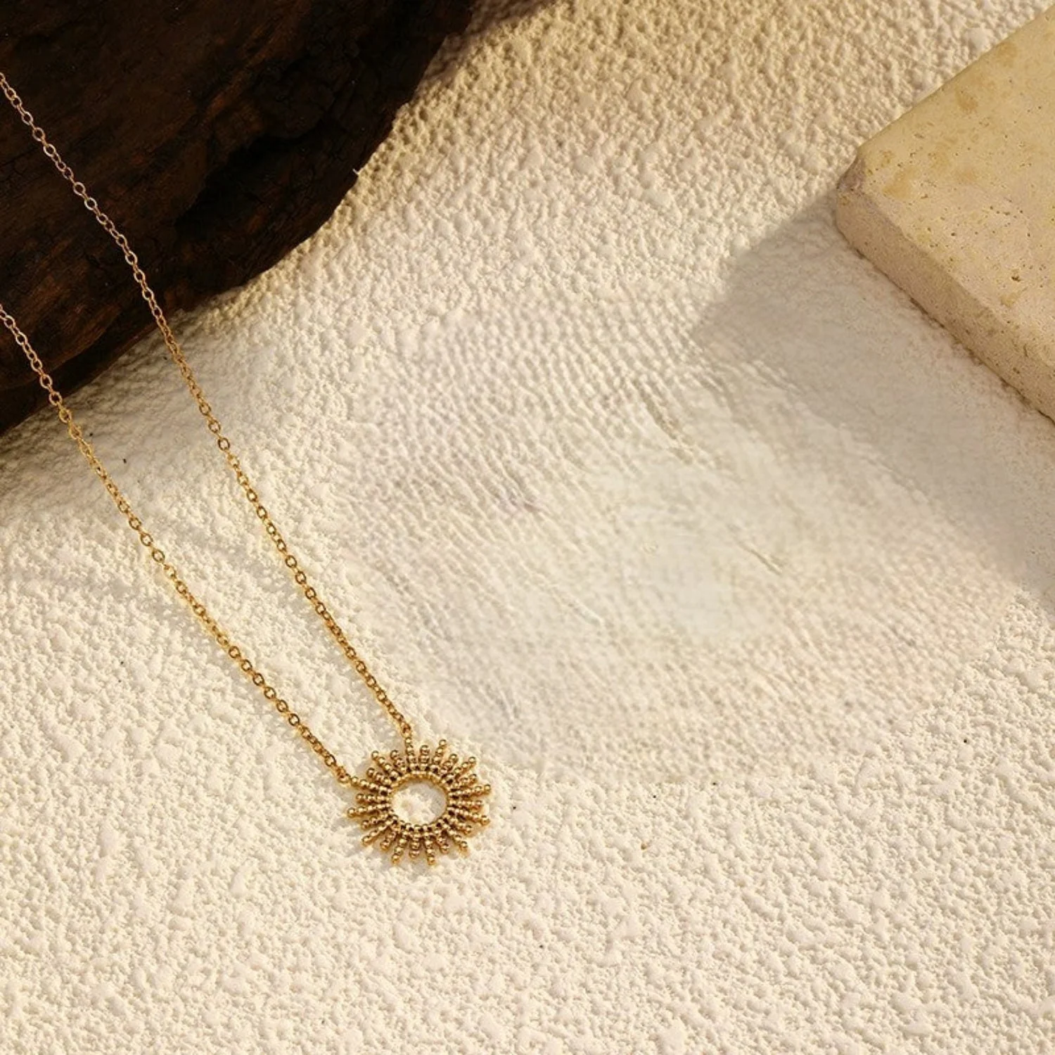 Golden Beaded Sunburst Pendant 18K Gold Plated Necklace - Image 2
