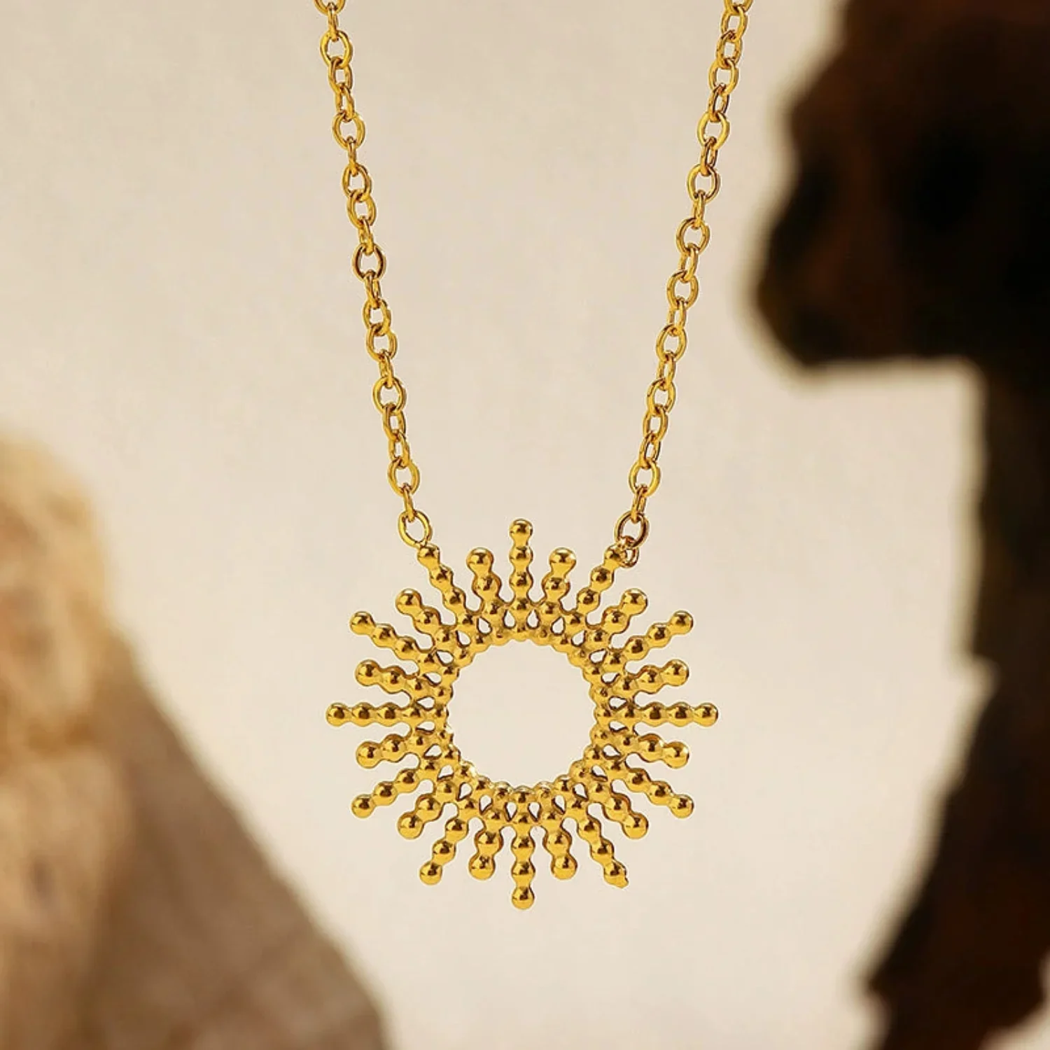 Golden Beaded Sunburst Pendant 18K Gold Plated Necklace - Image 3