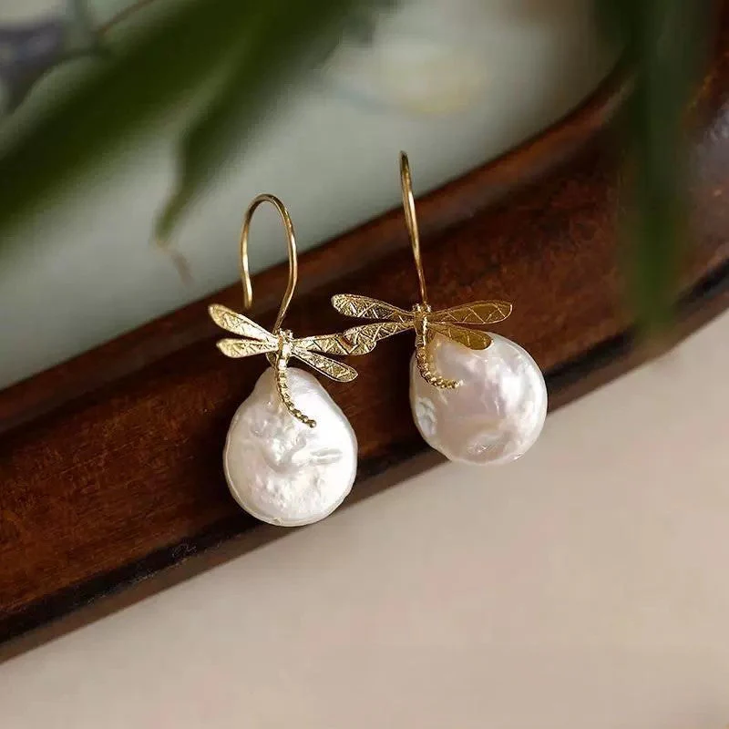 Golden Dragonfly Pearl Drop Earring