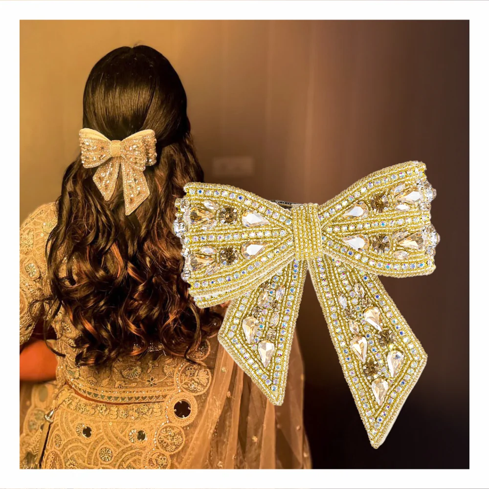 Gold Embellished Crystal Hair Bow Barrette Clip - Image 2