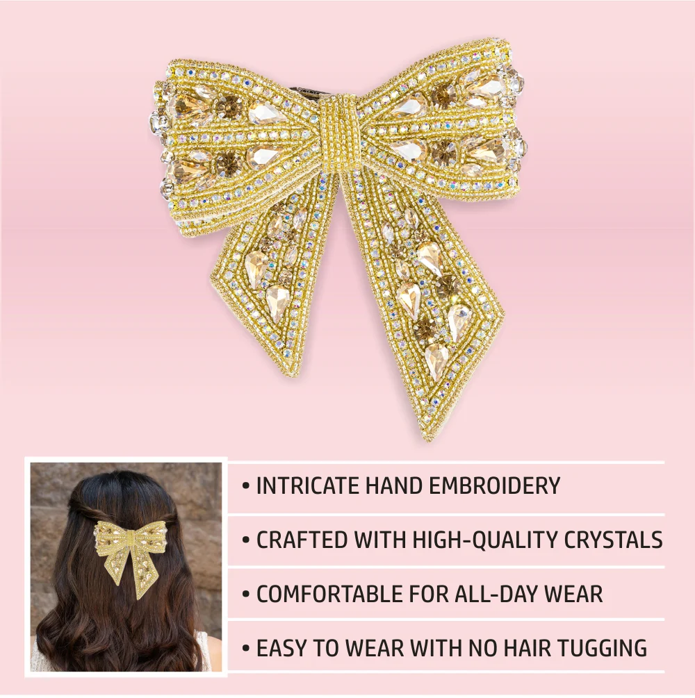 Gold Embellished Crystal Hair Bow Barrette Clip - Image 7