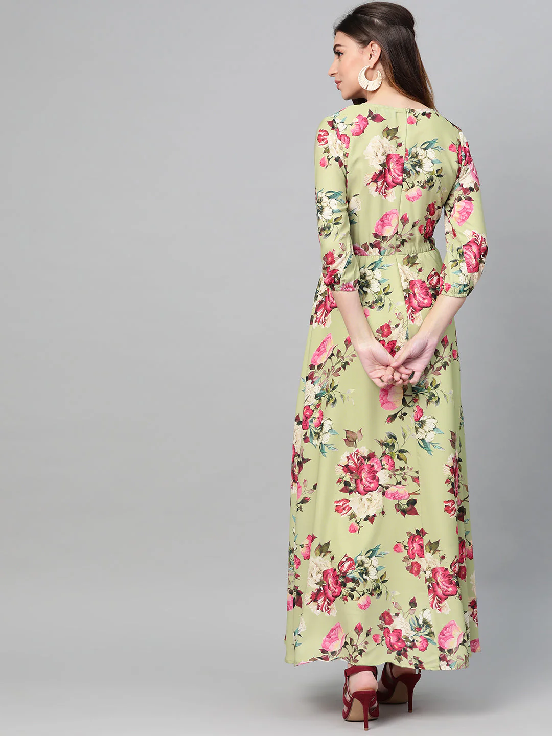 Women Green Floral Flared Maxi Dress - Image 2