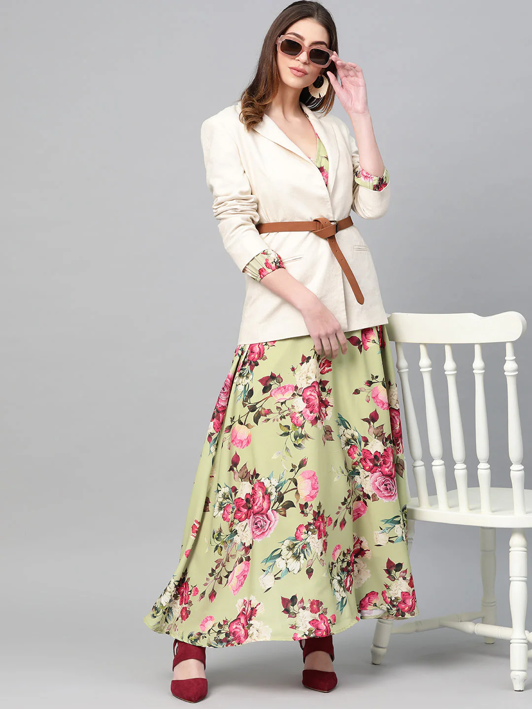 Women Green Floral Flared Maxi Dress - Image 3