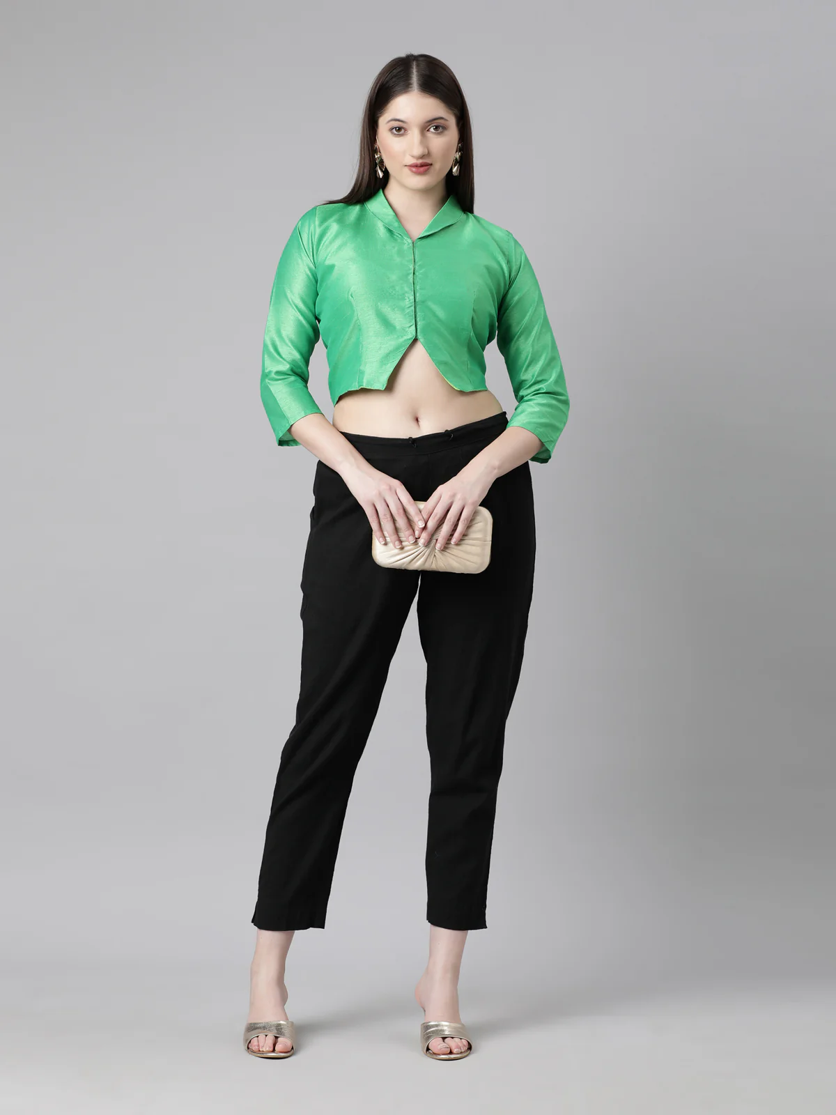 Green Solid Three-Quarter Sleeves Mandarin Collar Dupion Silk Knot Blouse - Image 2