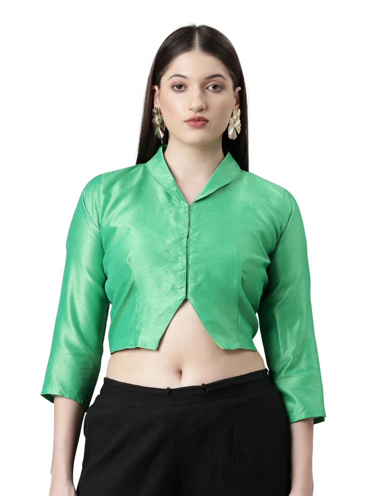 Green Solid Three-Quarter Sleeves Mandarin Collar Dupion Silk Knot Blouse - Image 3