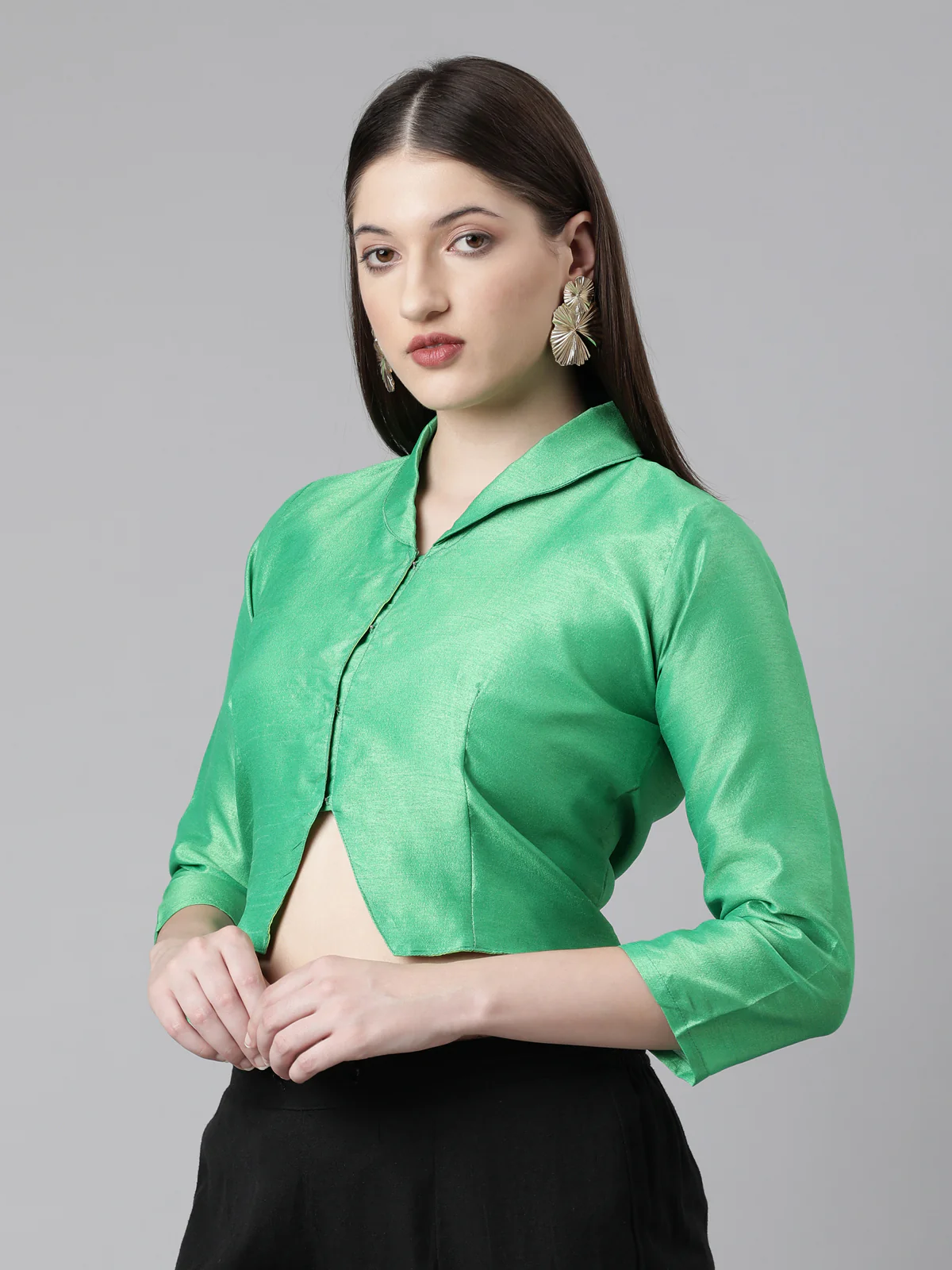 Green Solid Three-Quarter Sleeves Mandarin Collar Dupion Silk Knot Blouse - Image 5