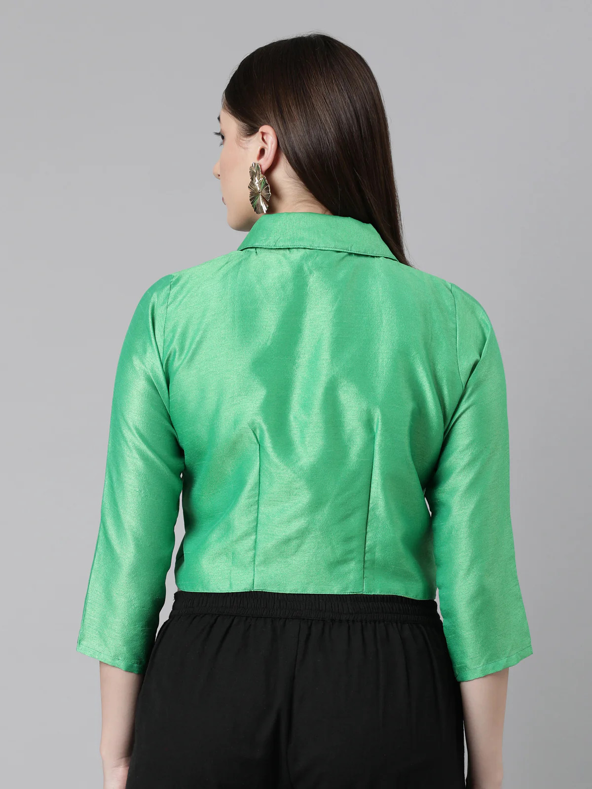 Green Solid Three-Quarter Sleeves Mandarin Collar Dupion Silk Knot Blouse - Image 6