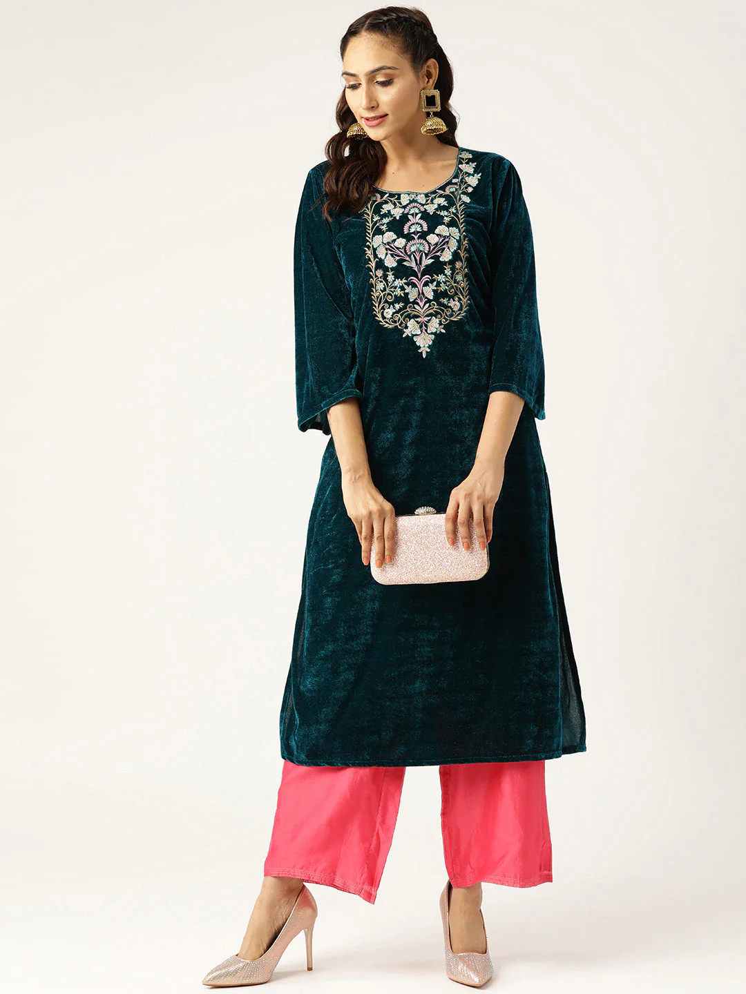 Green Zari Floral Embroidery Velvet Kurta - Image 4