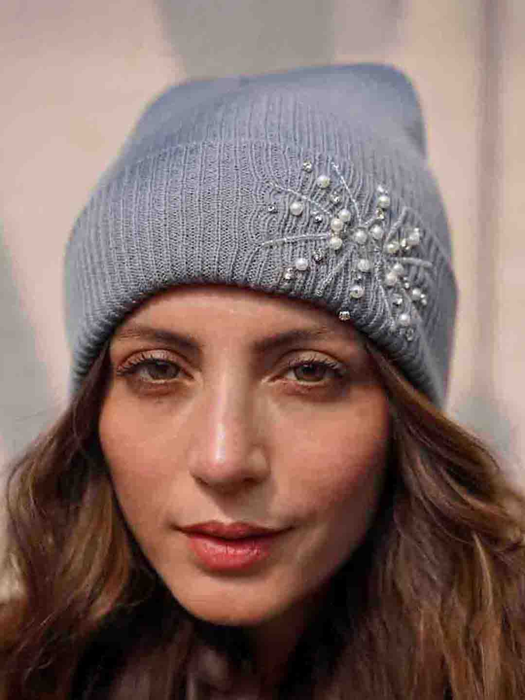 Grey Beanie with Pearls & Crystals - Image 2