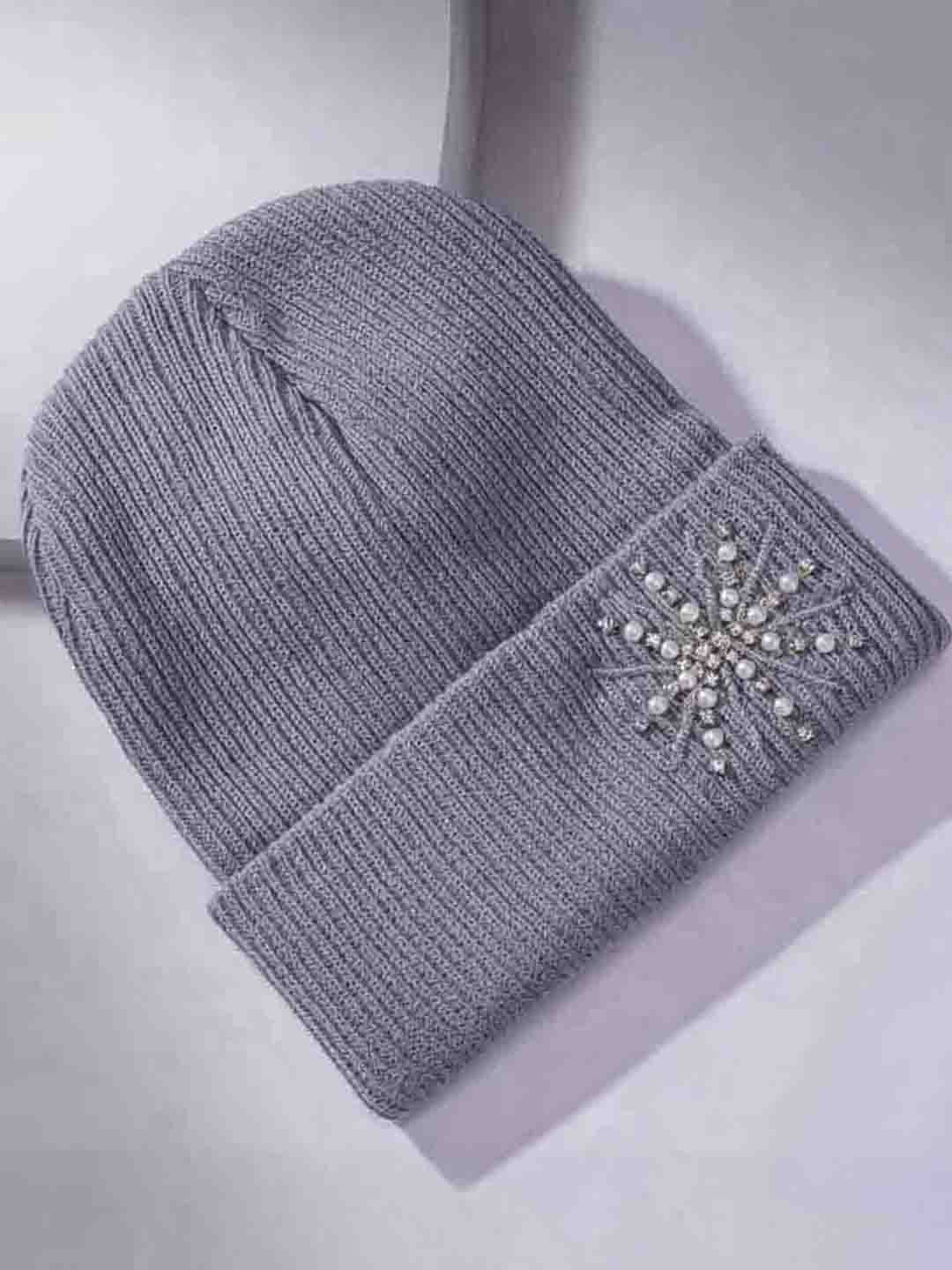 Grey Beanie with Pearls & Crystals - Image 3
