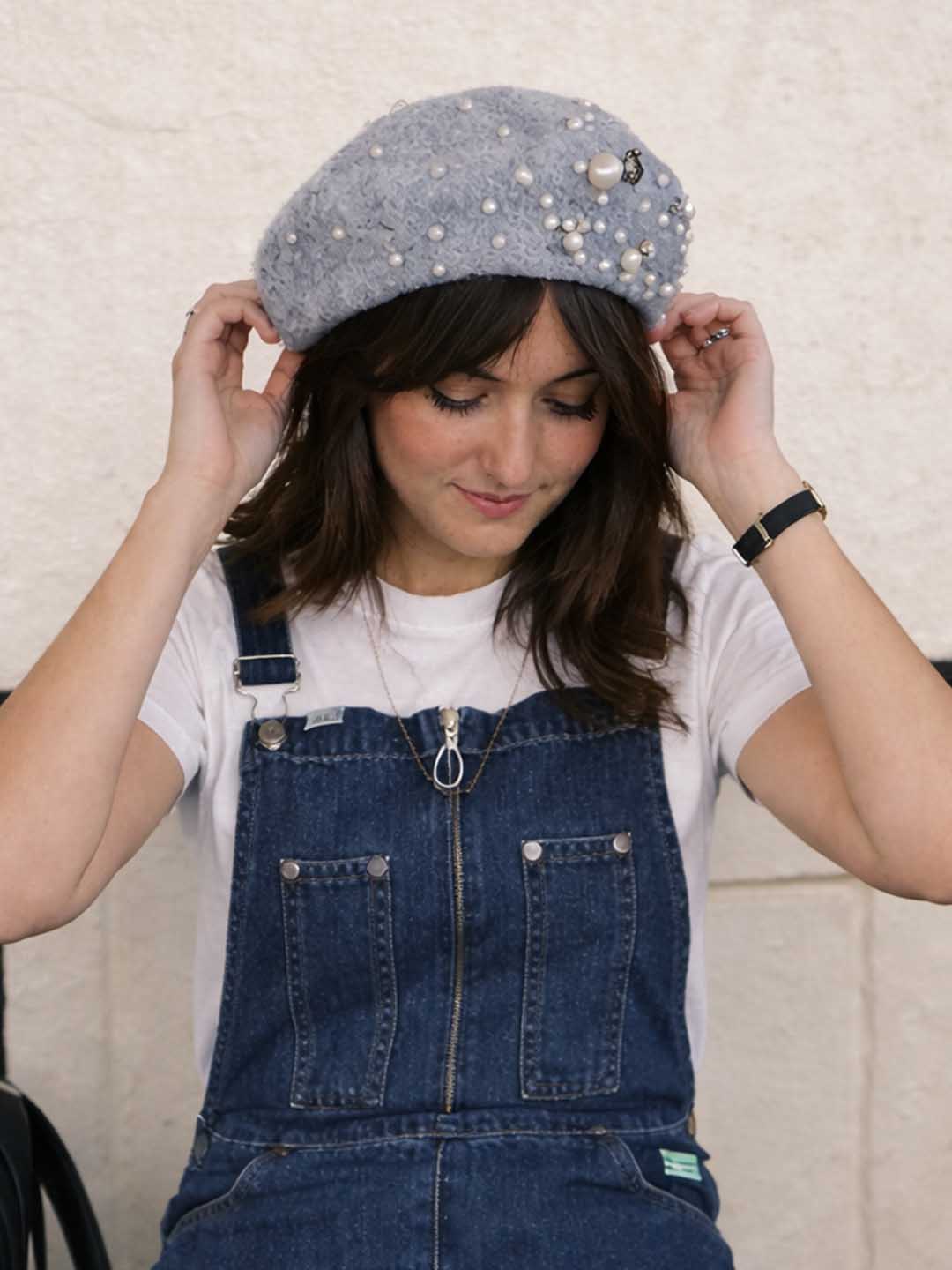 Grey Beret with Pearls & Crystals  - Image 4
