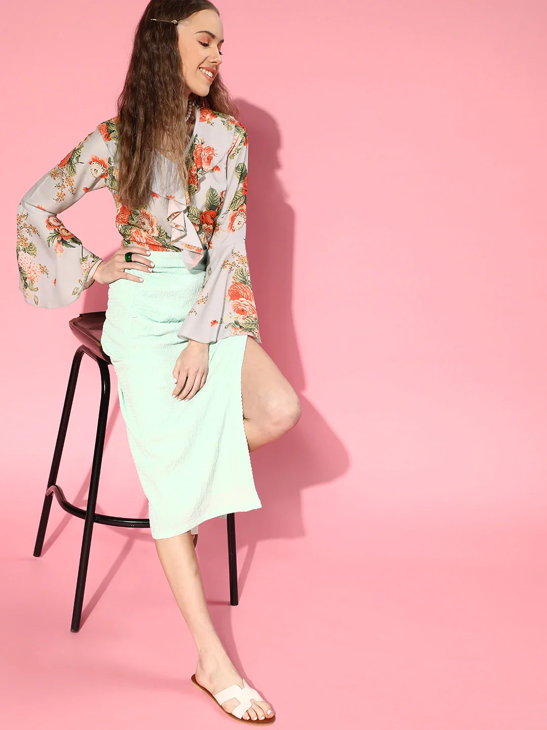 Women Grey Floral Ruffled V-Neck Blouse - Image 2