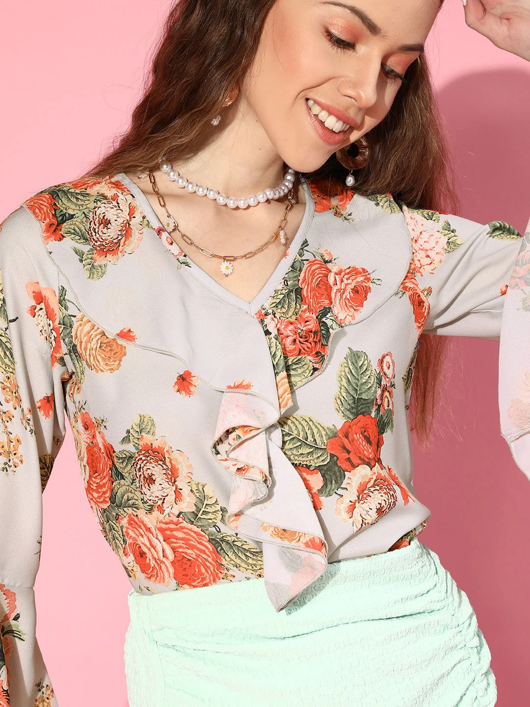 Women Grey Floral Ruffled V-Neck Blouse - Image 3