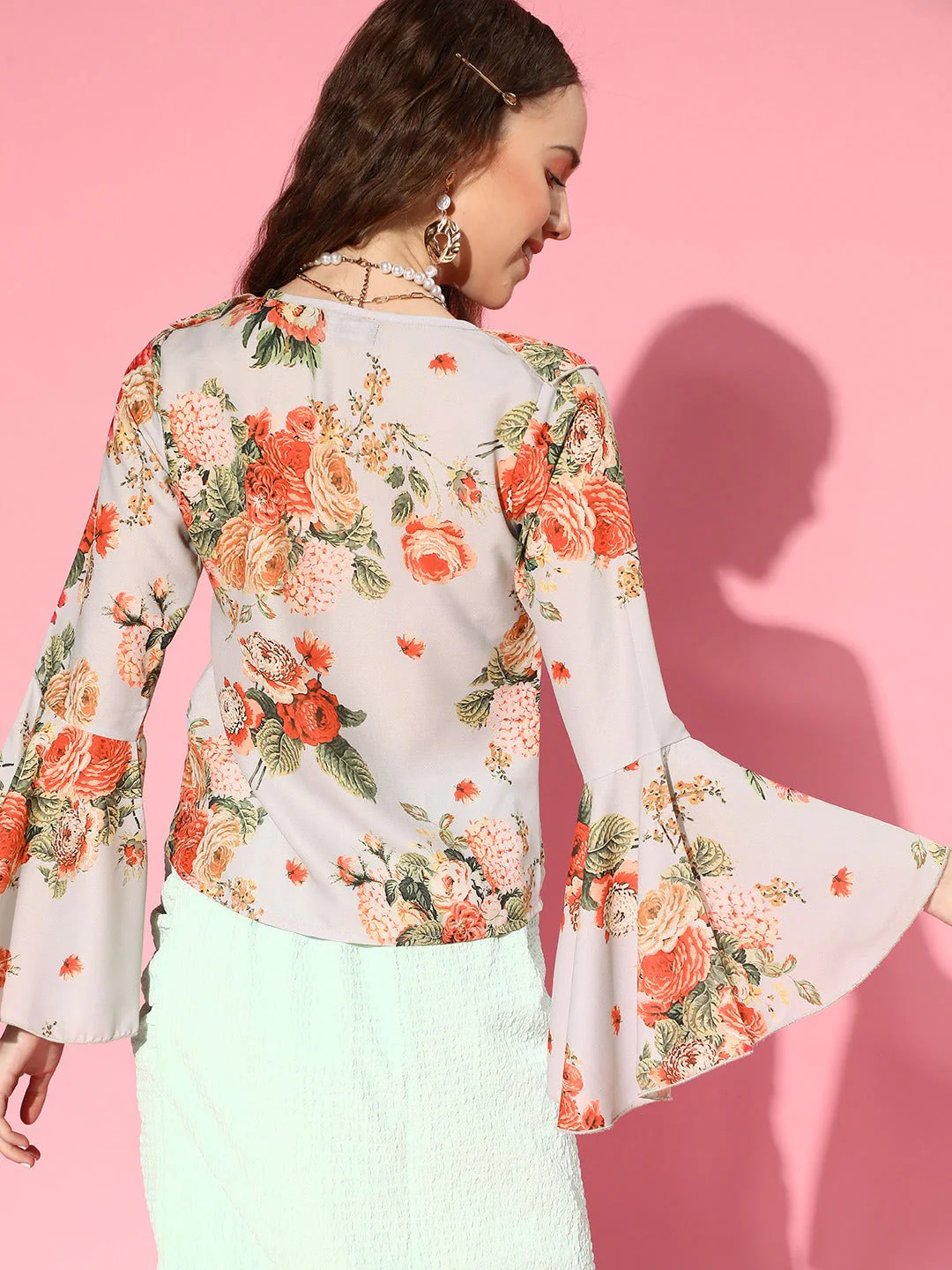 Women Grey Floral Ruffled V-Neck Blouse - Image 4