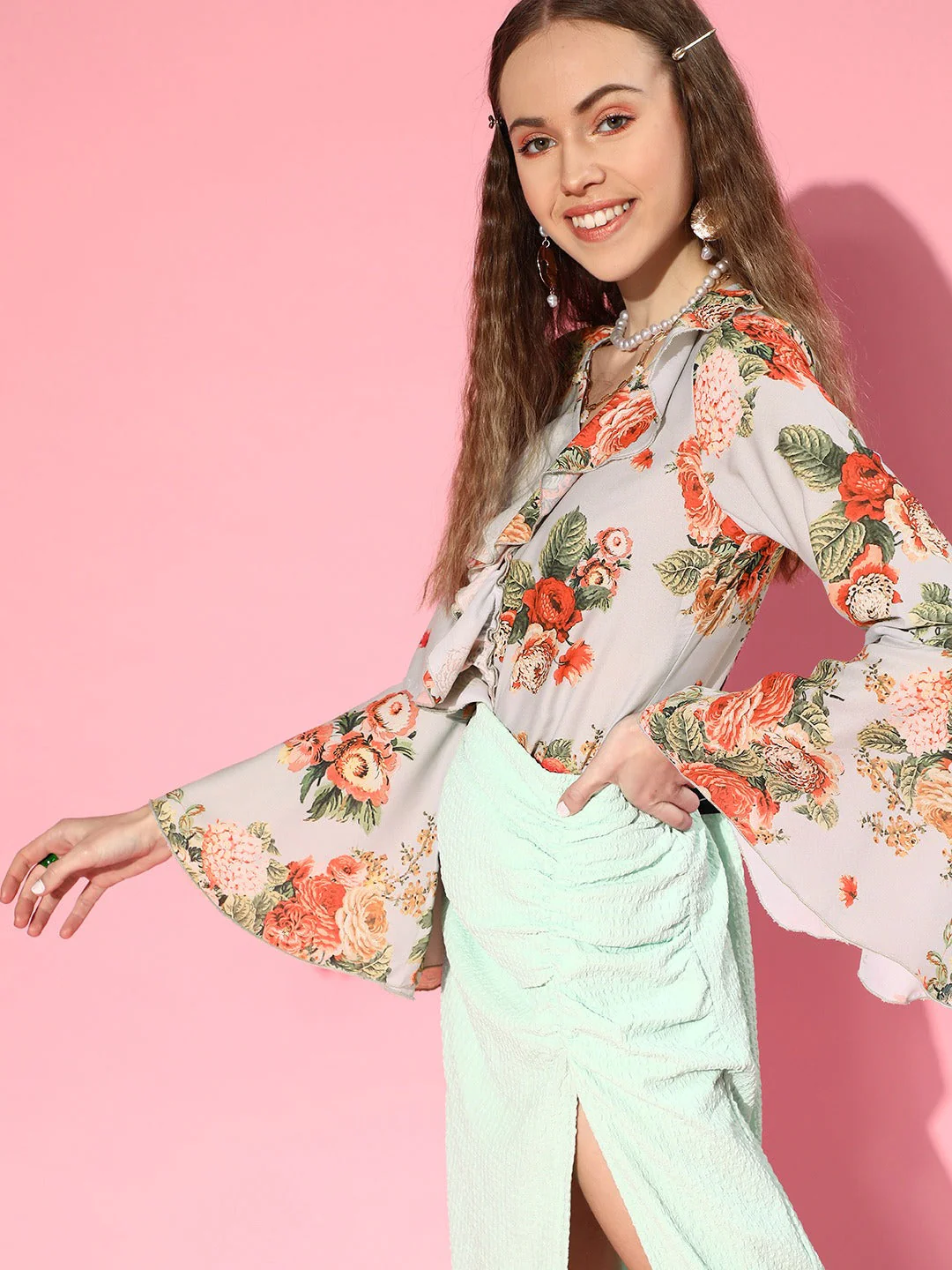 Women Grey Floral Ruffled V-Neck Blouse - Image 5