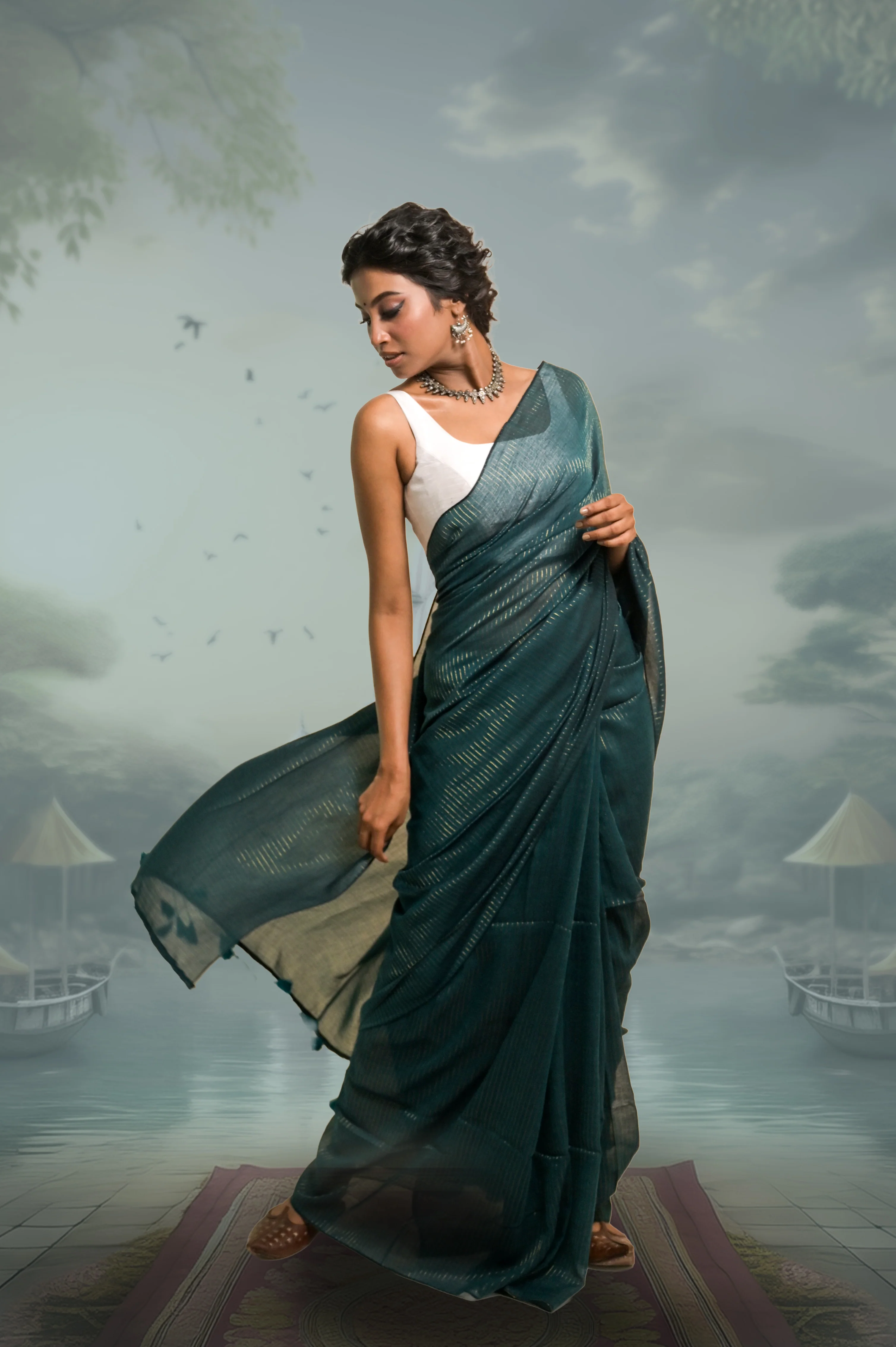 Harit Shringaar Viridian Green Handloom Mul Cotton Saree with Zari Stripes - Image 2
