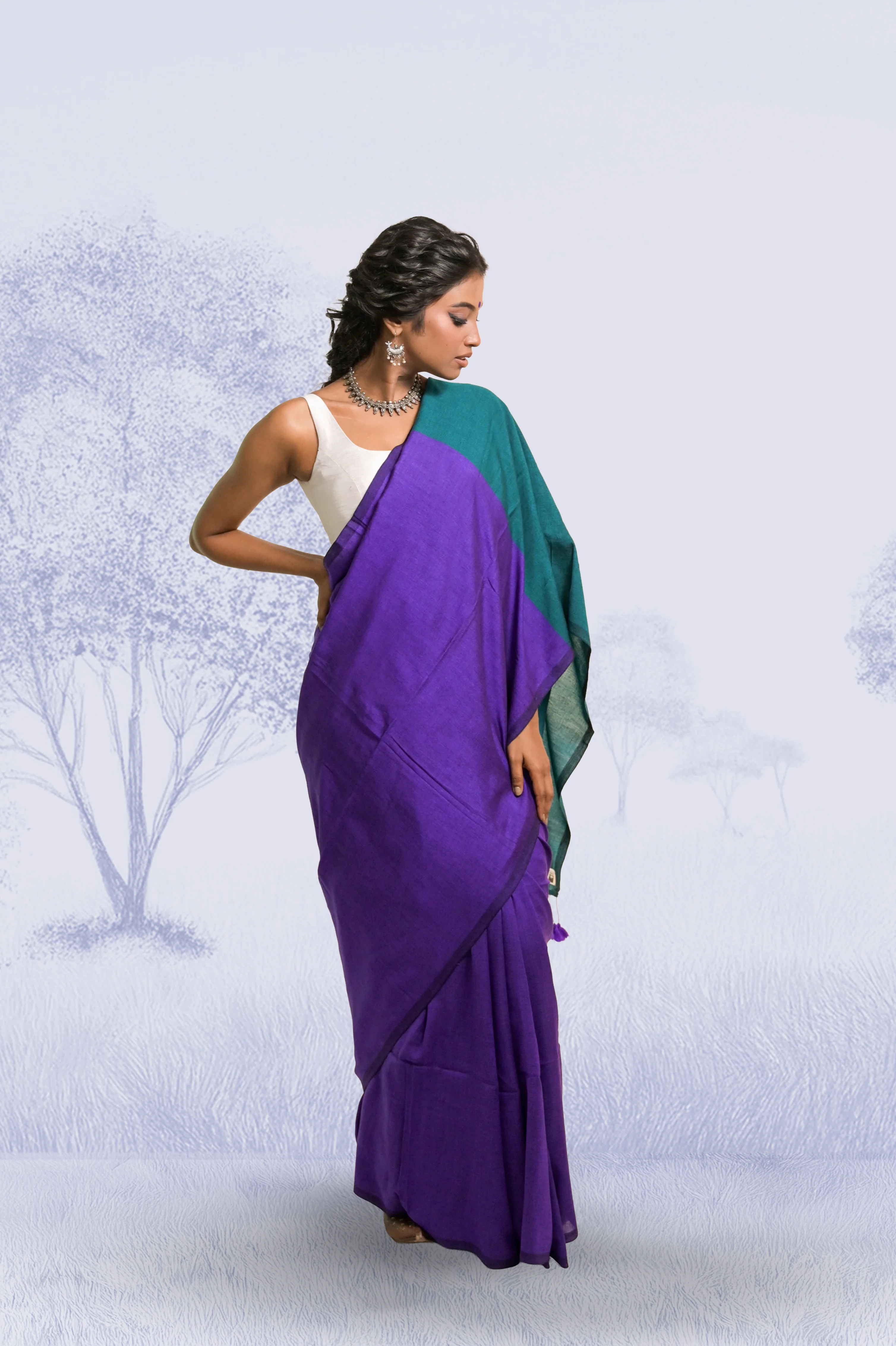 Hawa Hawai Purple Handloom Cotton Acrylic Saree - Image 2