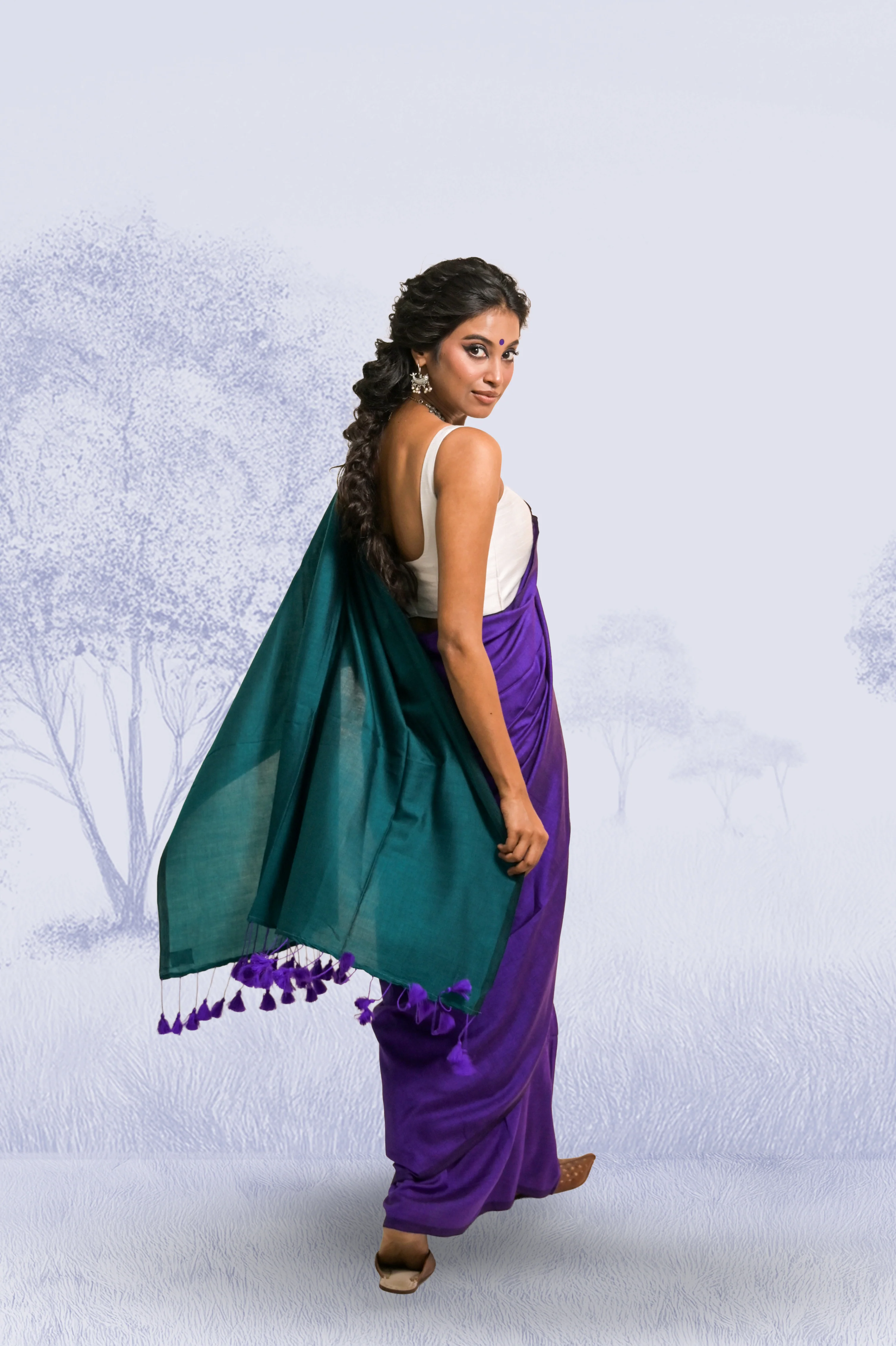 Hawa Hawai Purple Handloom Cotton Acrylic Saree - Image 4