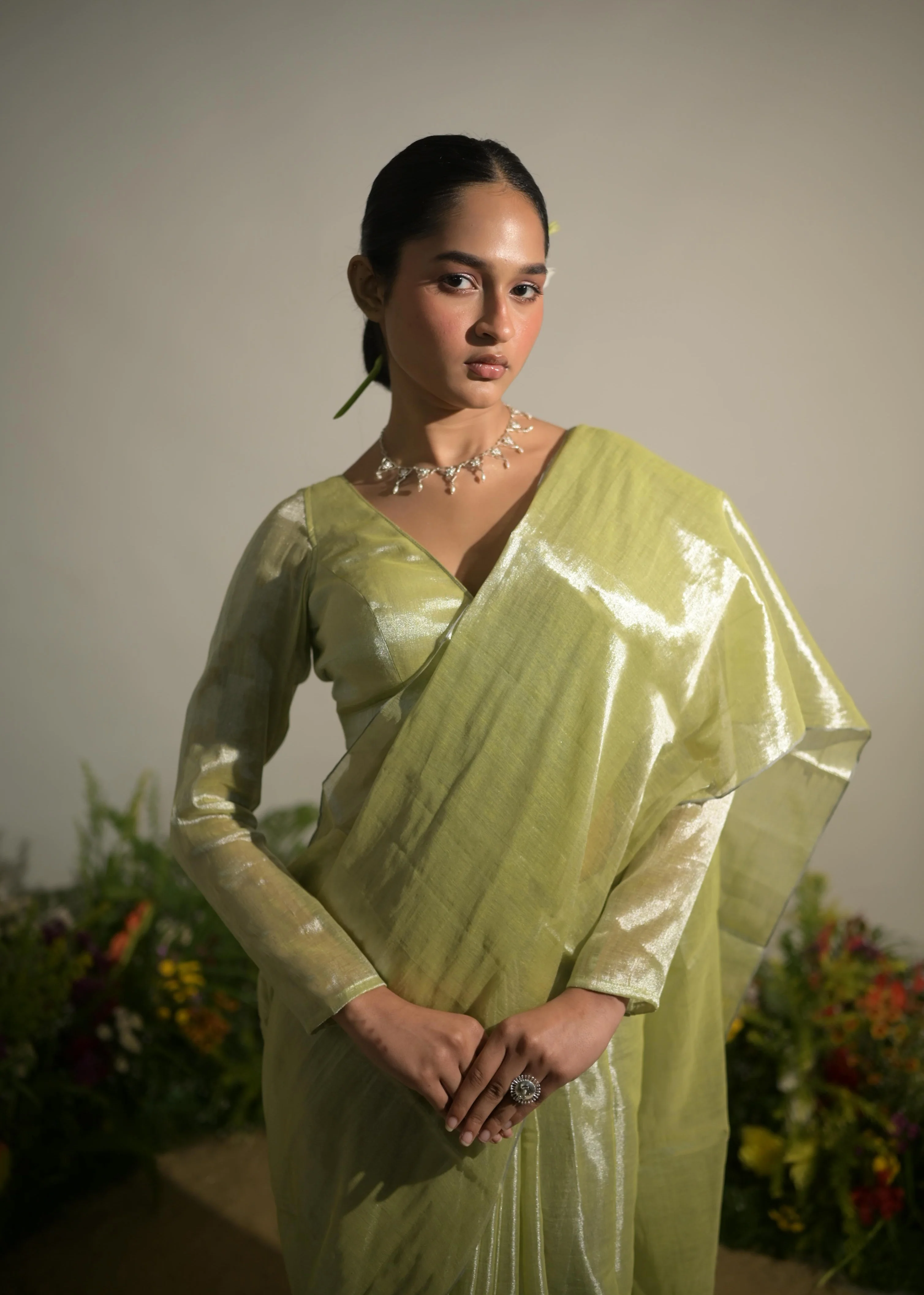 Jade Paradise Neon Green Tissue Saree - Image 2