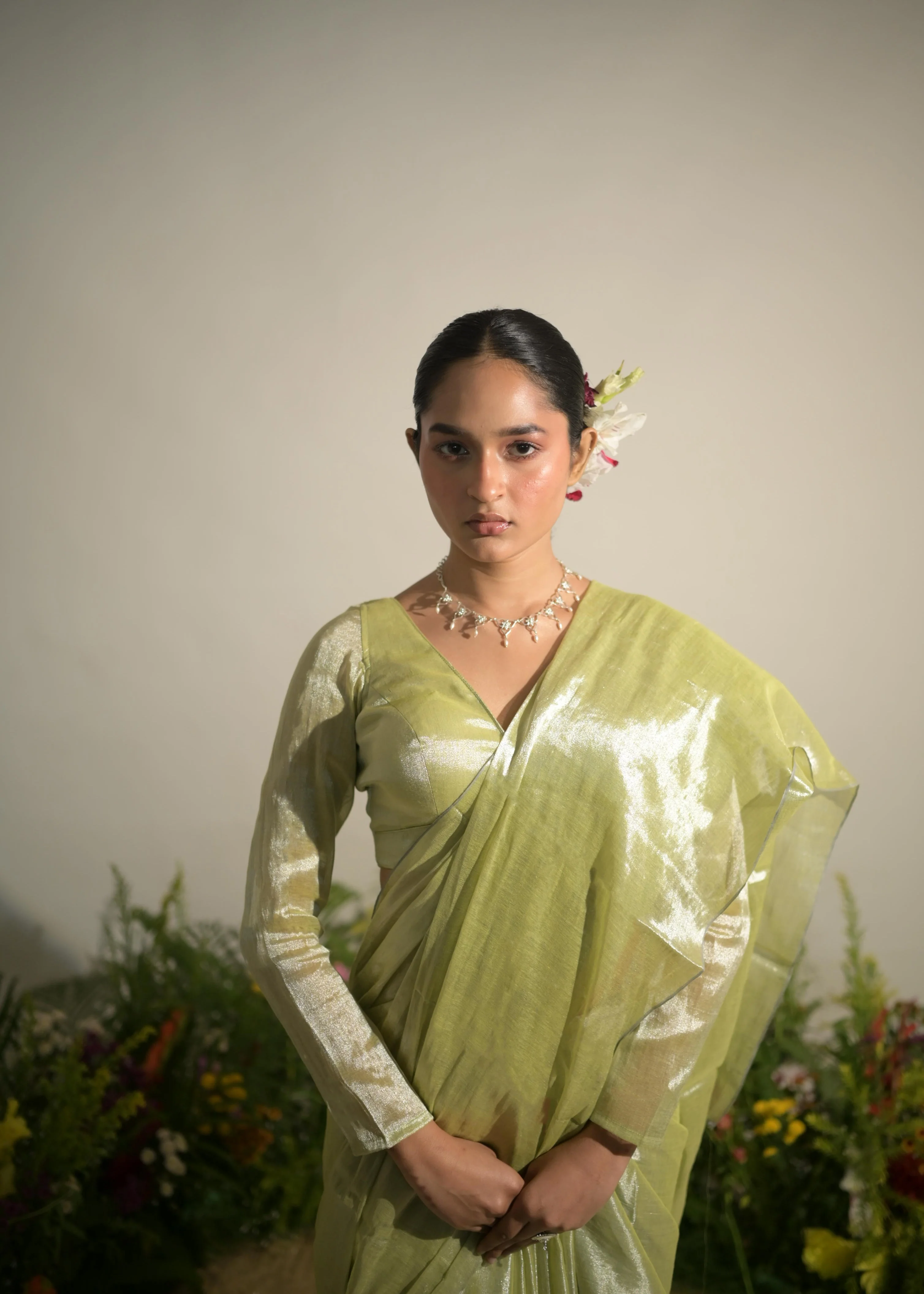 Jade Paradise Neon Green Tissue Saree - Image 3