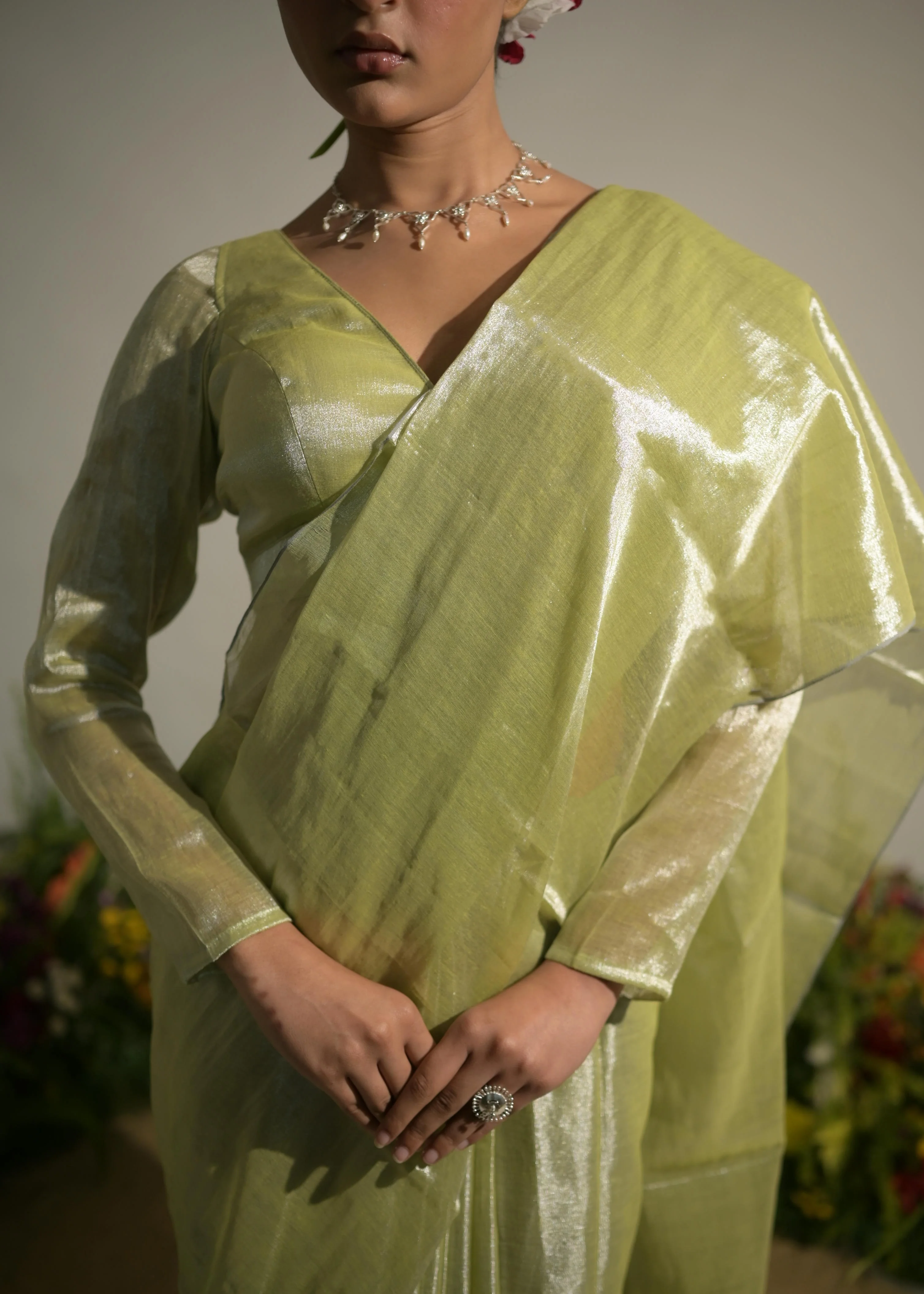 Jade Paradise Neon Green Tissue Saree - Image 4