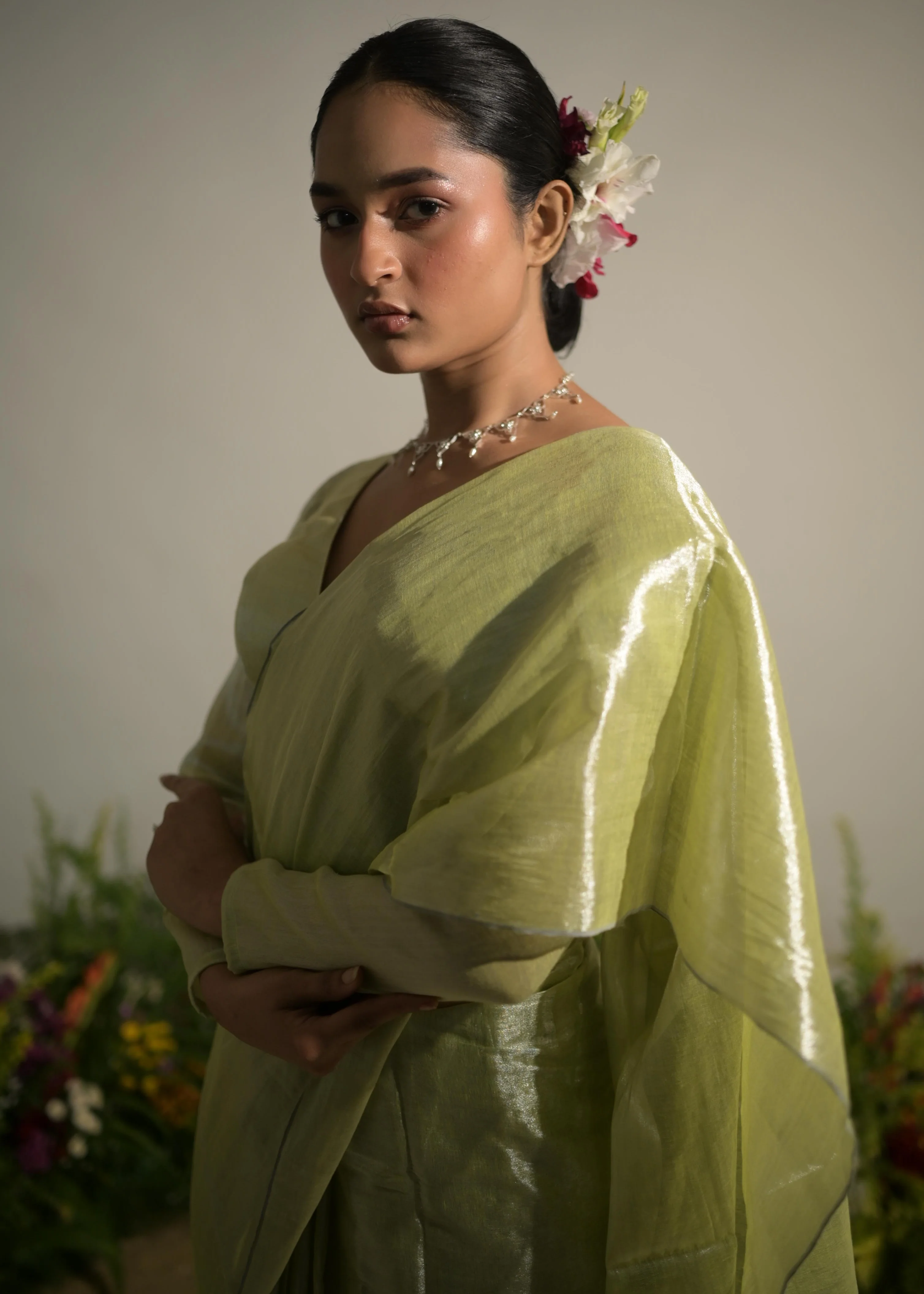 Jade Paradise Neon Green Tissue Saree - Image 5