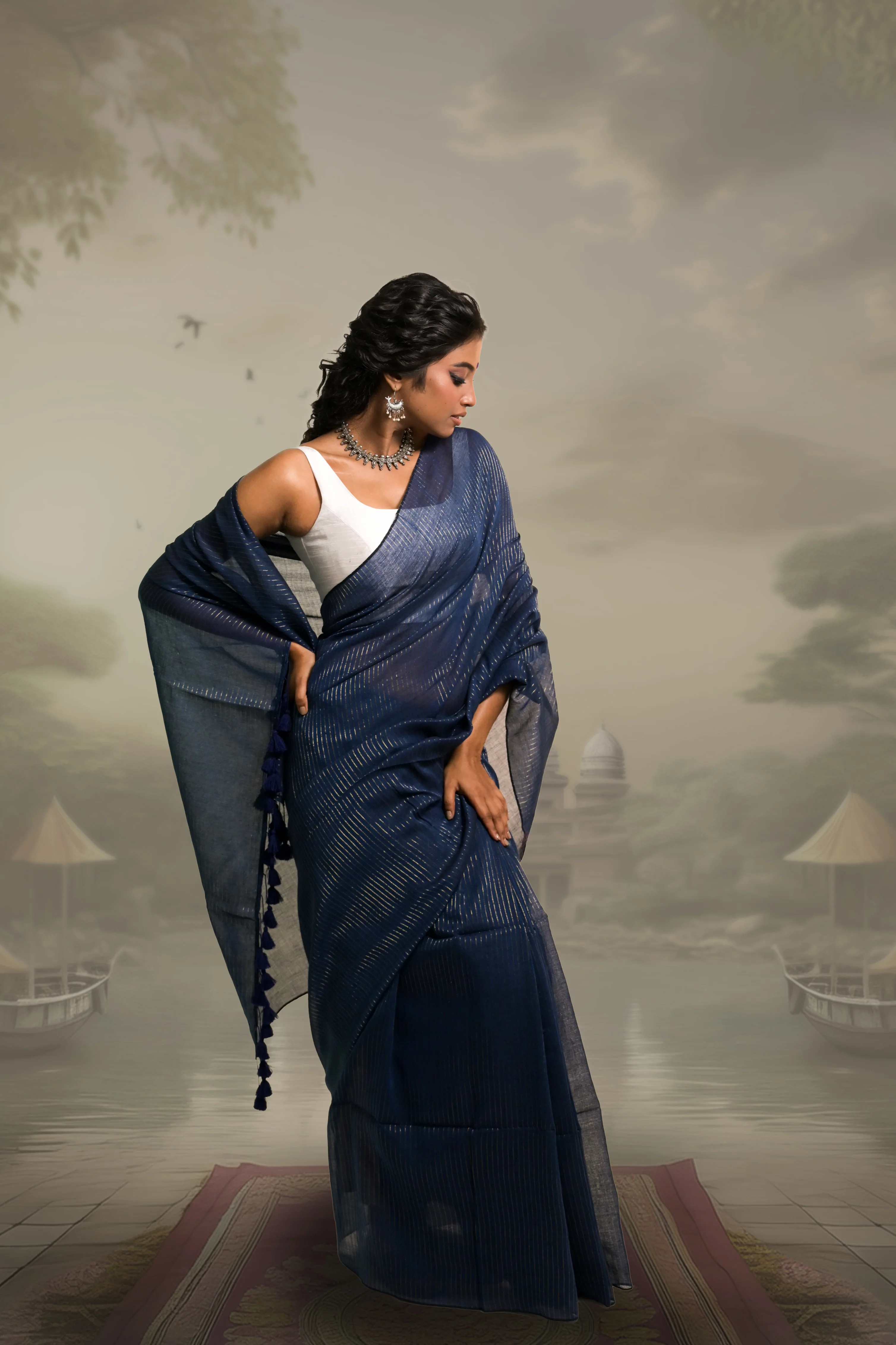 Jal Tarang Navy Blue Handloom Mul Cotton Saree with Zari Stripes - Image 2