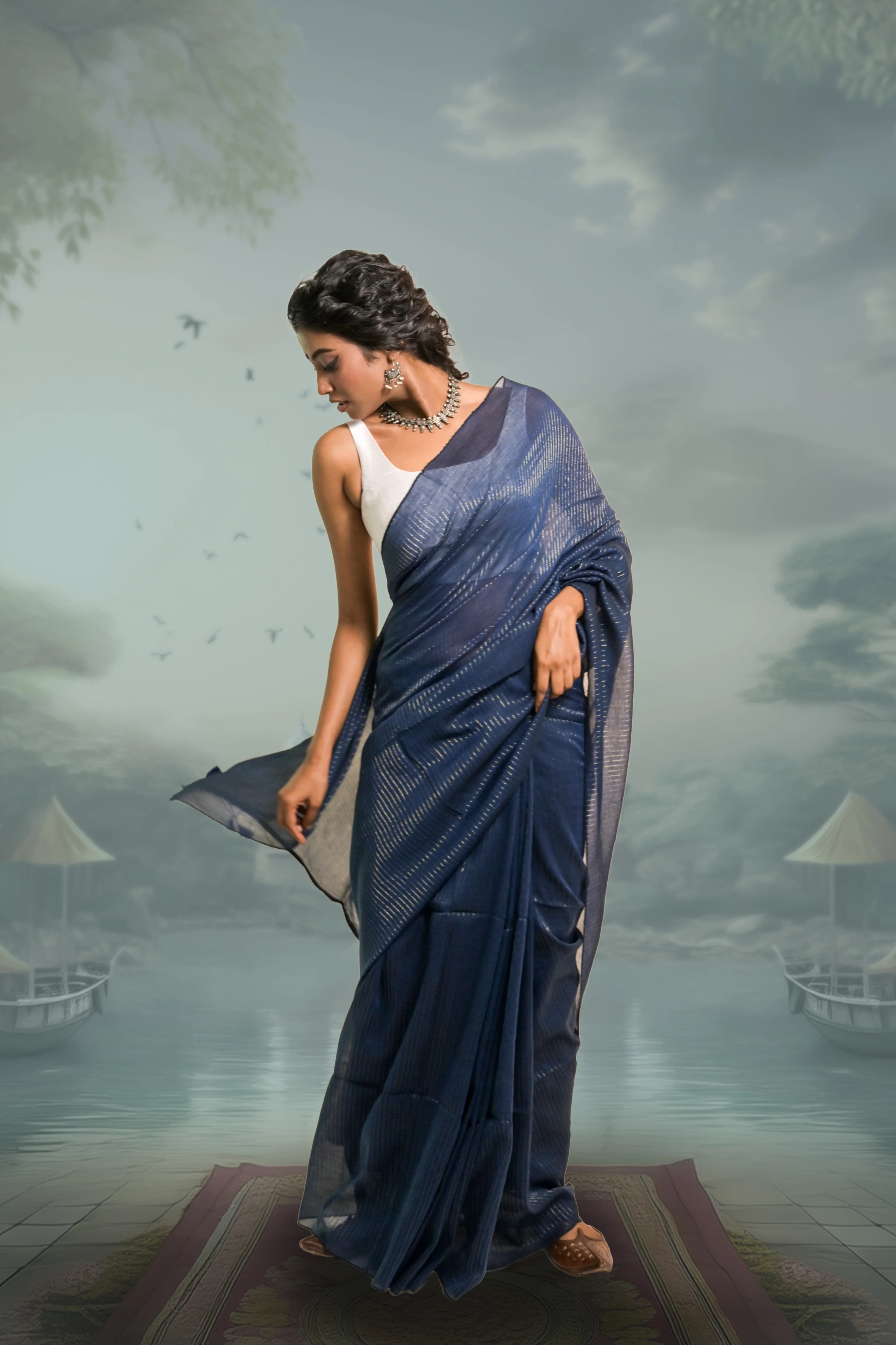 Jal Tarang Navy Blue Handloom Mul Cotton Saree with Zari Stripes - Image 3