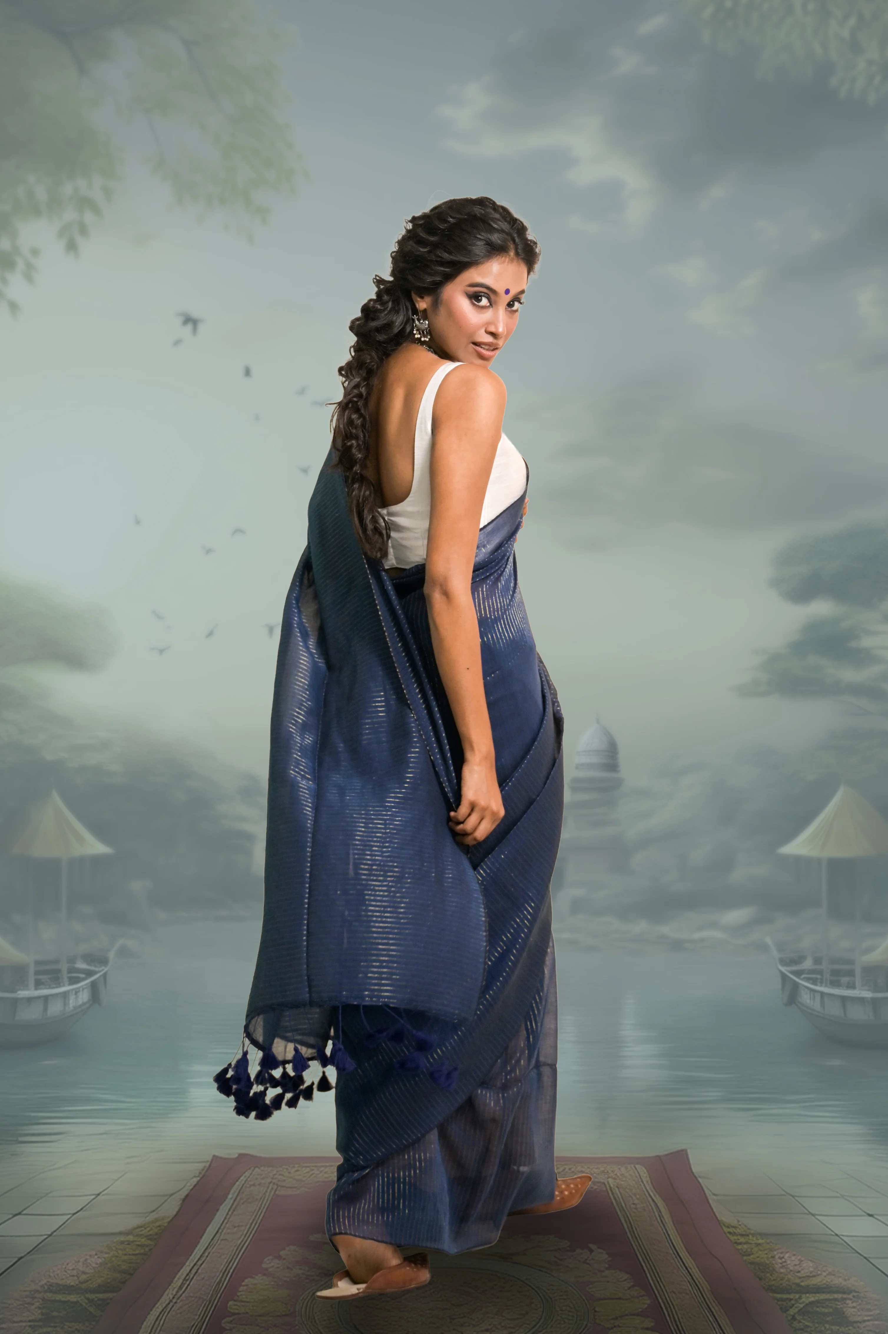 Jal Tarang Navy Blue Handloom Mul Cotton Saree with Zari Stripes - Image 4